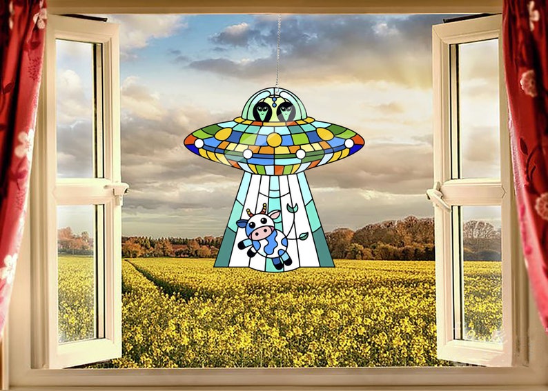 Funny UFO Abduction a Cow Window Hanging, Gift For Cow Lover’s , Gift For Farm, Farmer Decor, Farmer’s Life