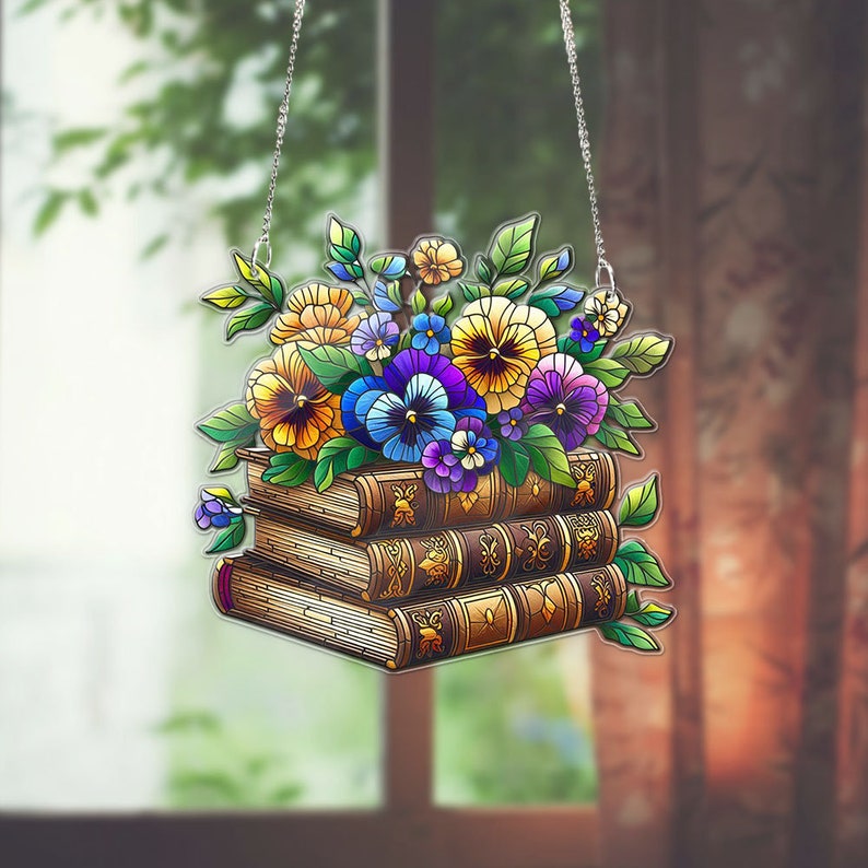 Floral Book ACRYLIC Window Hanging, Flower Book Gift, Pansies and books, Bookish Gift, Book Lover Gift,Teacher Appreciation Gift