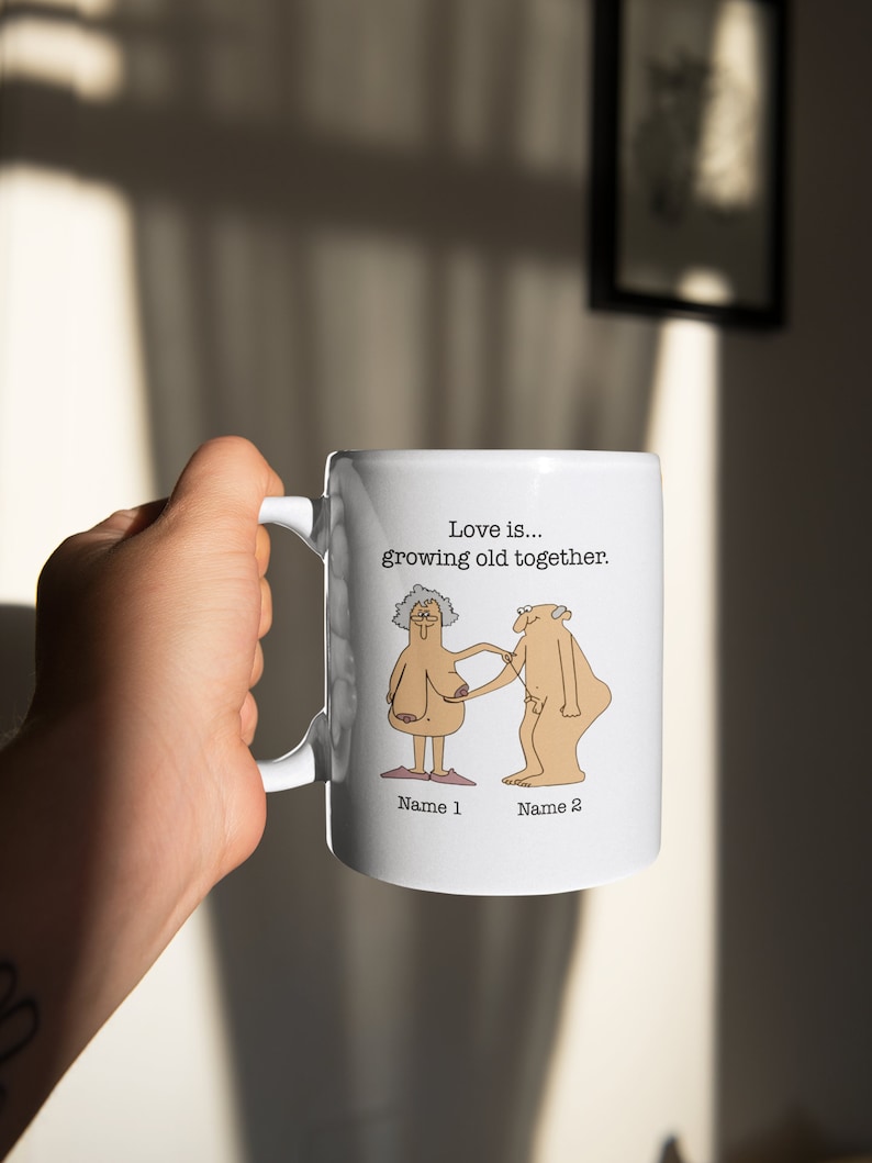 Love is Growing Old Together  | Funny Couple Mug, Wife Husband Gift, Grandparents Mug, Parents Love Anniversary Gift, Personalized Names Mug