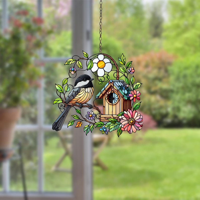 Humming bird Nest Window hangings, Acrylic humming bird with flowers, window hangings, lily of valley home decor, Housewarming gift, Gift for her