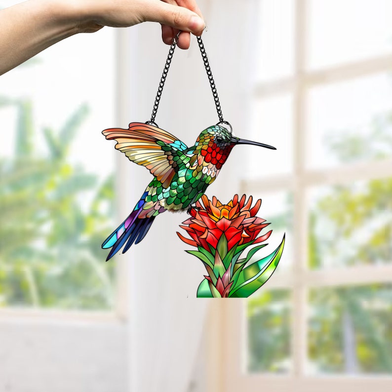 Humming bird Window hangings, Acrylic humming bird with flowers, window hangings, lily of valley home decor, Housewarming gift, Gift for her