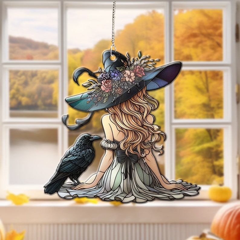 Witch and Raven Halloween Acrylic Window Hanging, Raven Halloween Decor, Halloween Decoration, Gift For Her, Gift For Garden