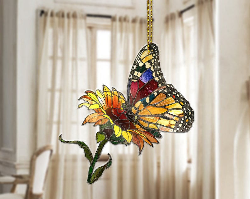 Butterfly With Sunflower Acrylic Window Hanging, Acrylic Window Flowers, Backyard Acrylic Window Decor Art Decoration, Butterflies Acrylic, Gift for Mom, Garden Gift , Gift For Home