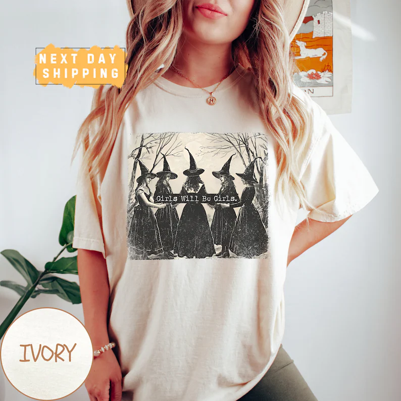 Vintage Girls Will Be Girls Witch Comfort Colors Shirt, Funny Witch Vintage Shirt, Vintage Halloween Women Shirt, Witchy Vibes Shirt