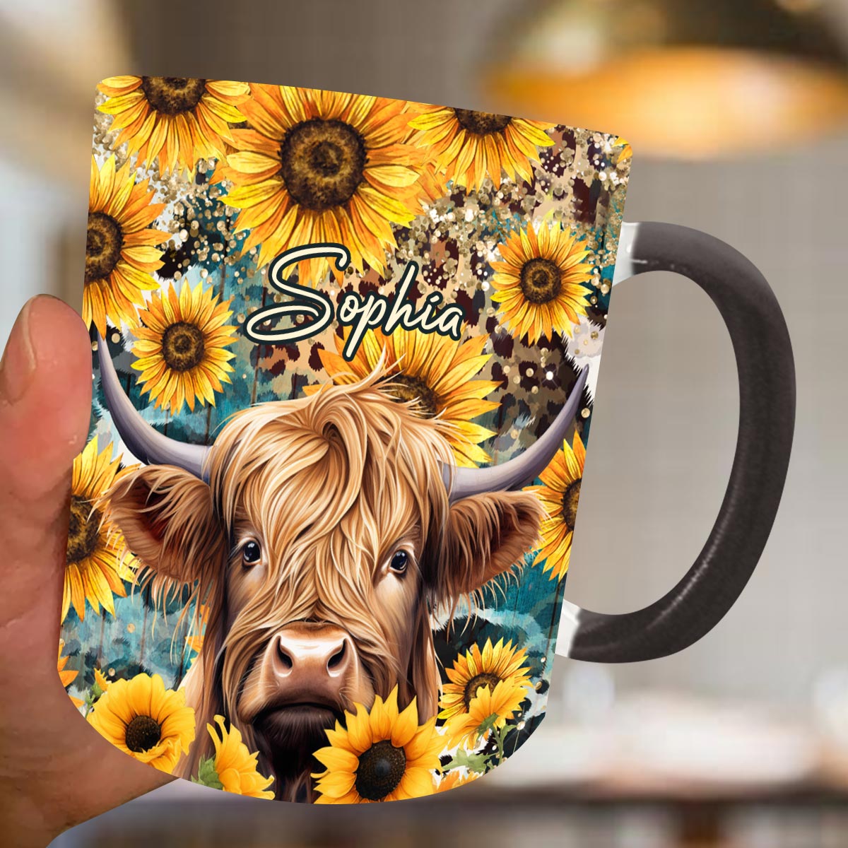 Highland Cow Among Sunflowers – Personalized Accent Mug – Gift For Cow Lover’s