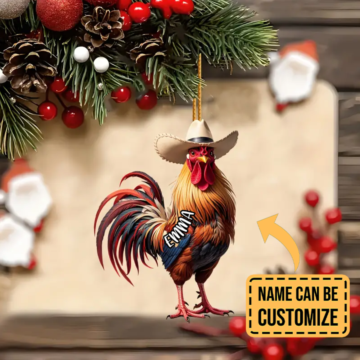 Chicken Rooster Hanging Ornament with Cowboy Hat –  Gift For Farm,  Ornament Decor