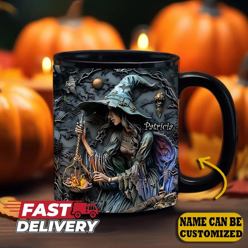 Personalized Beautiful Witch Magic Halloween Black Coffee Mug Unique Gift for Spooky Season Lovers