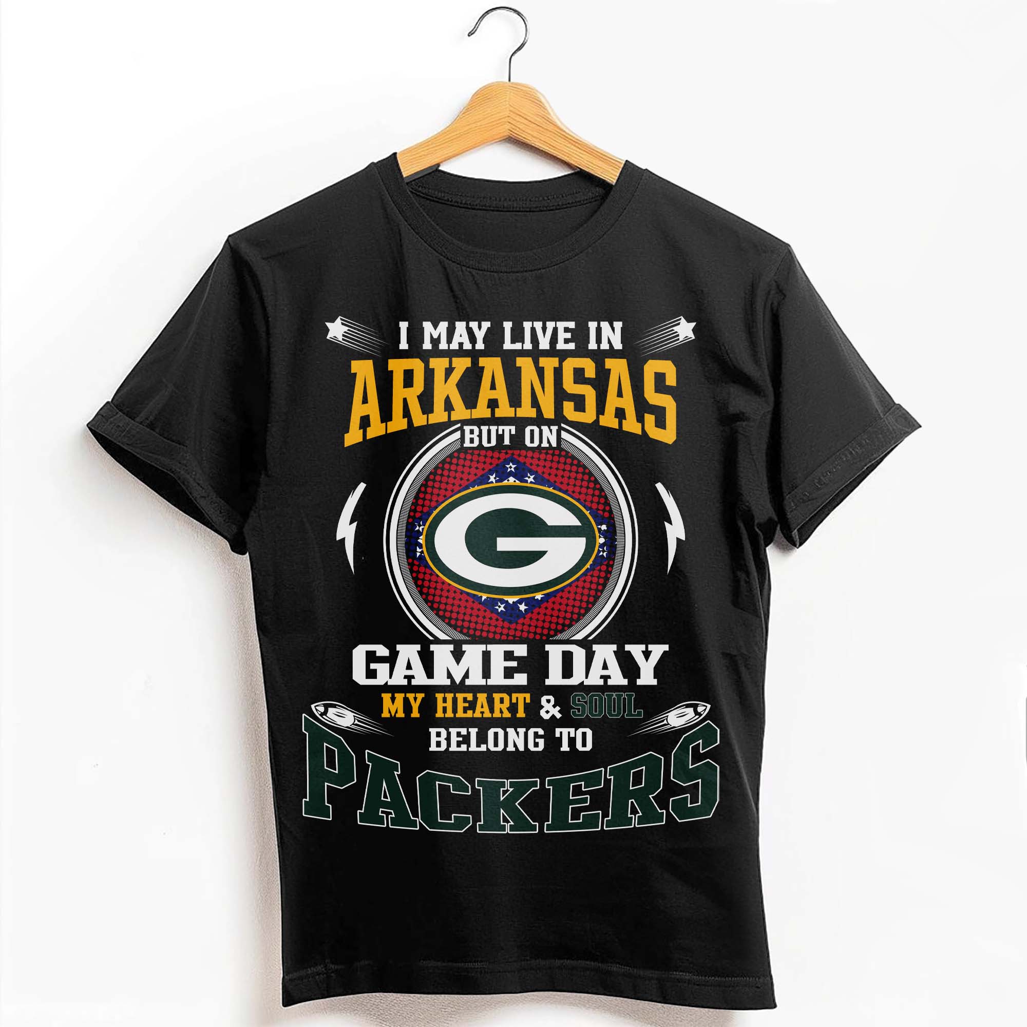 I May Live In Arkansas But On Game Day My Heart &amp; Soul Belongs To Green Bay Packers T-Shirt PT59177