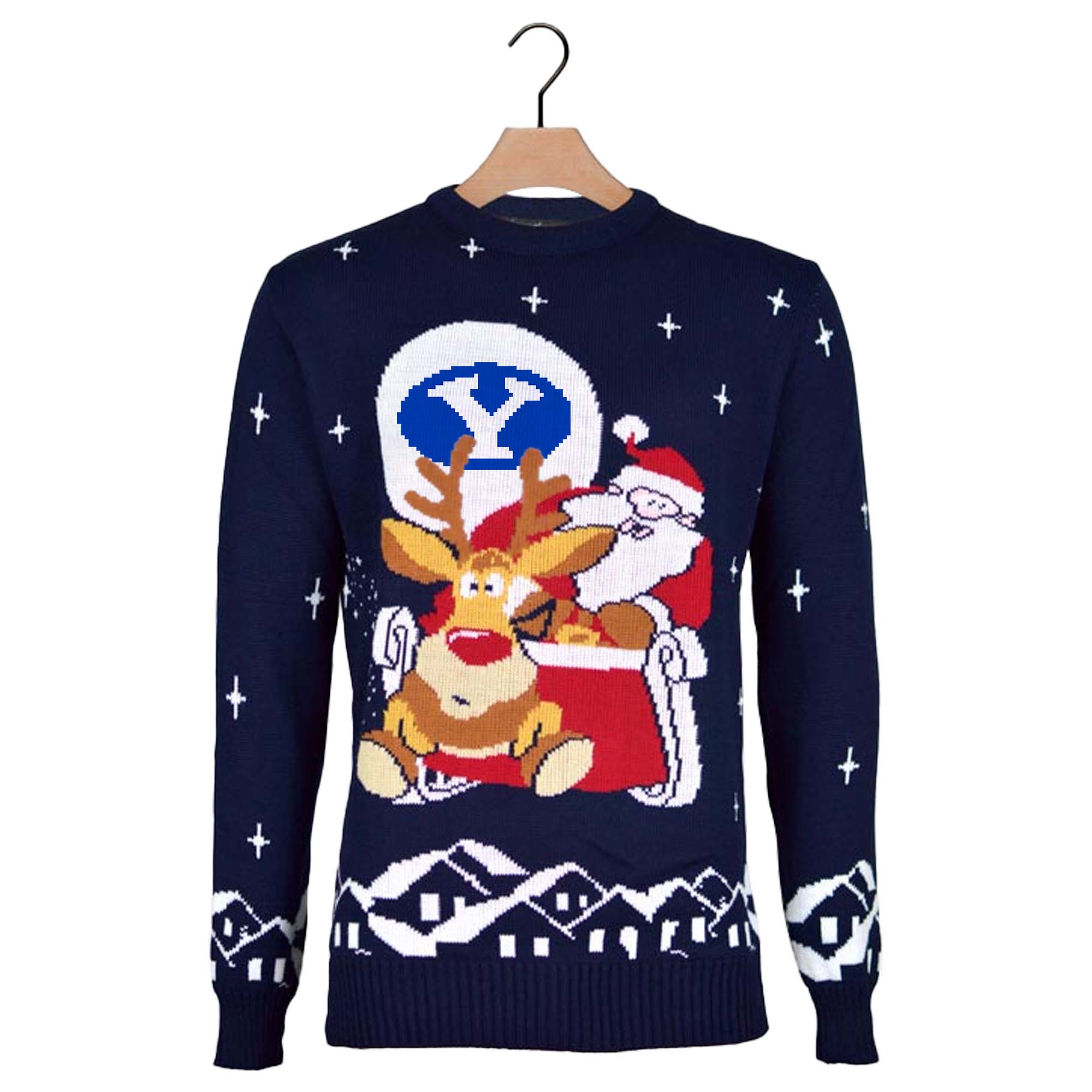 BYU Cougars Ugly Christmas Sweater with Santa and Rudolph on Sleigh PT59779