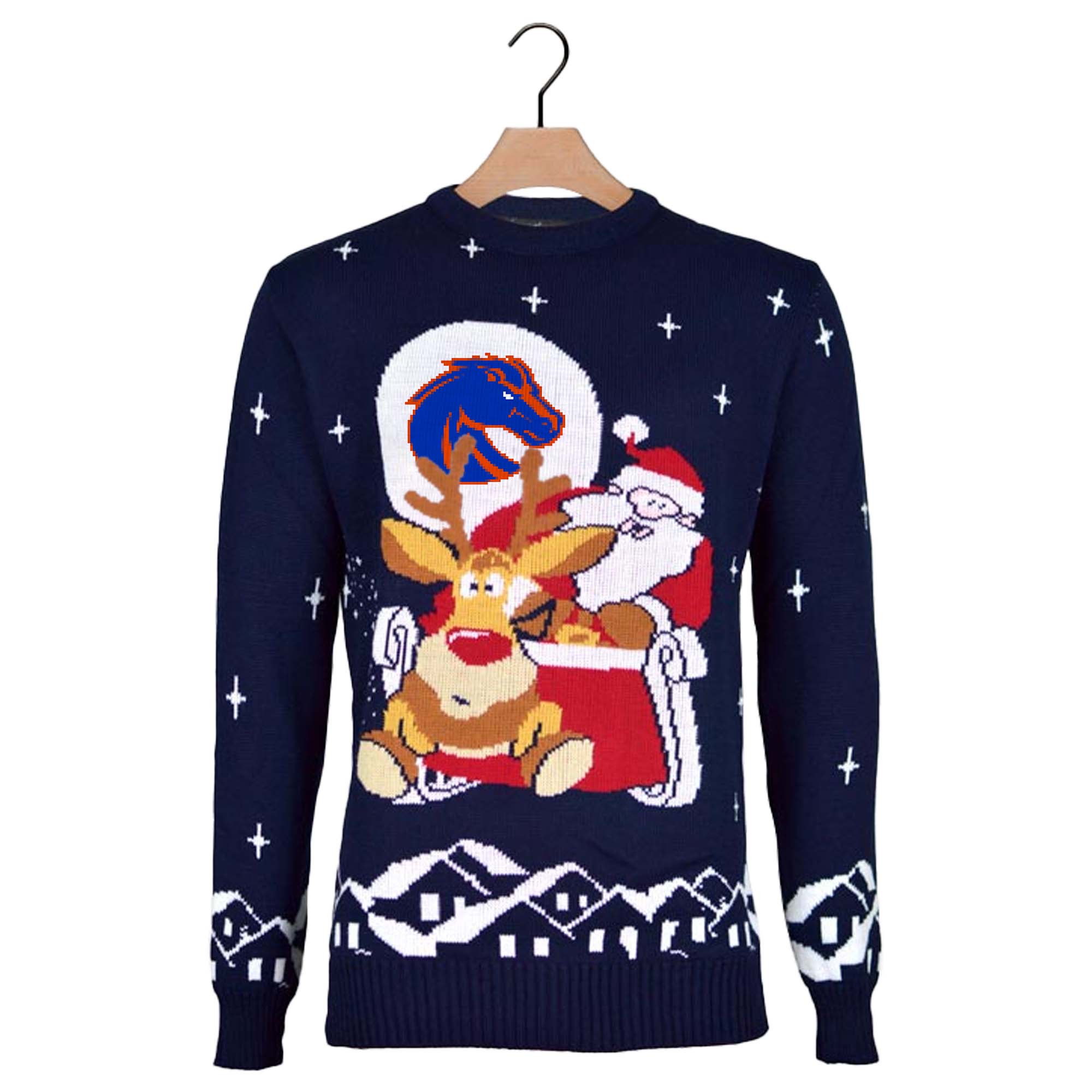 Boise State Broncos Ugly Christmas Sweater with Santa and Rudolph on Sleigh PT59778