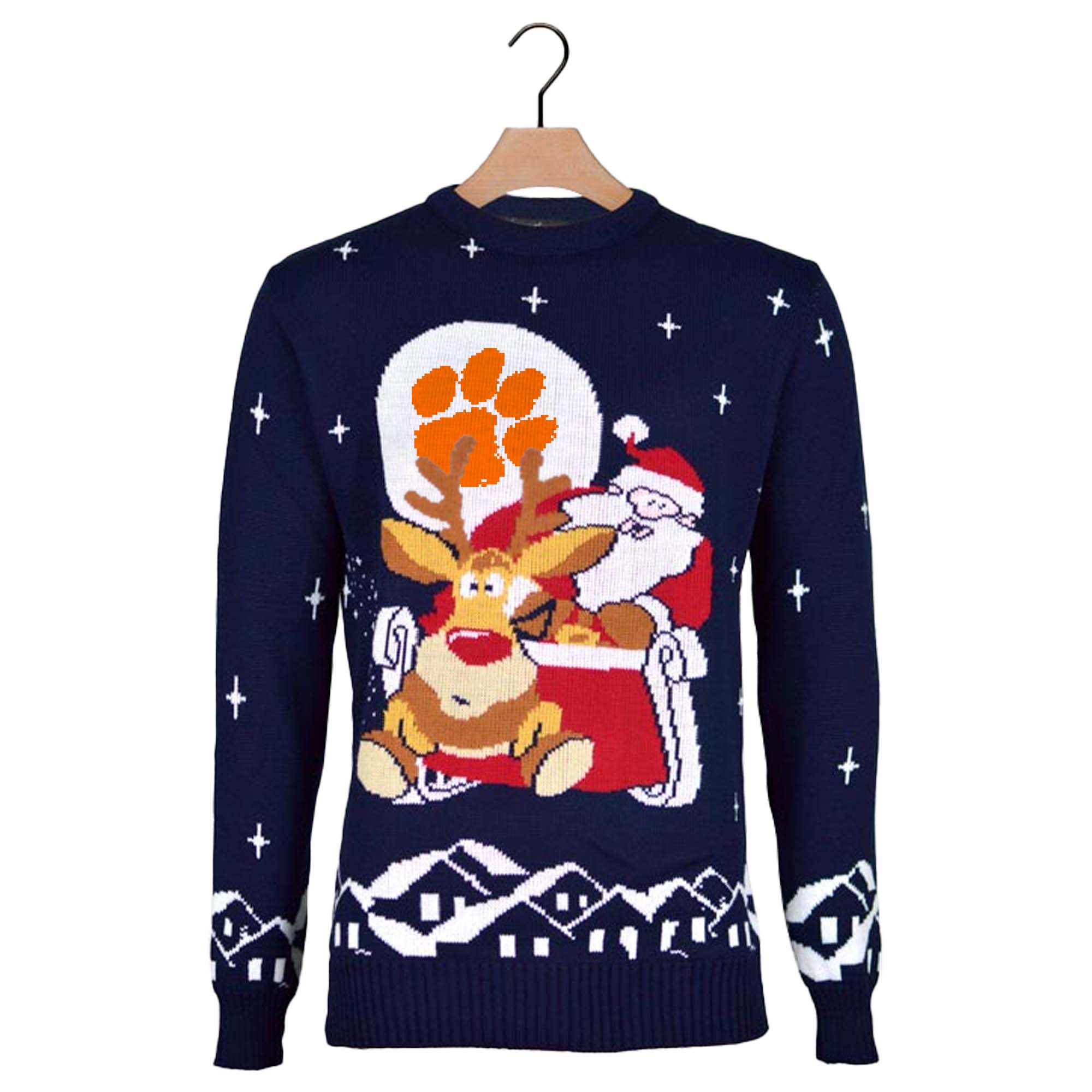 Clemson Tigers Ugly Christmas Sweater with Santa and Rudolph on Sleigh PT59780