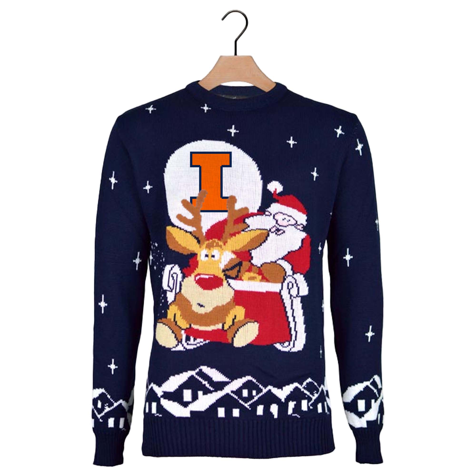 Illinois Fighting Ugly Christmas Sweater with Santa and Rudolph on Sleigh PT59782