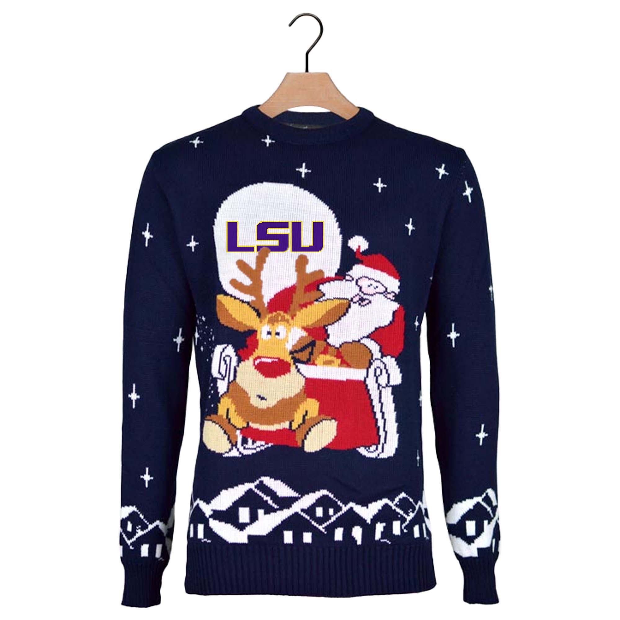 LSU Tigers Ugly Christmas Sweater with Santa and Rudolph on Sleigh PT59786