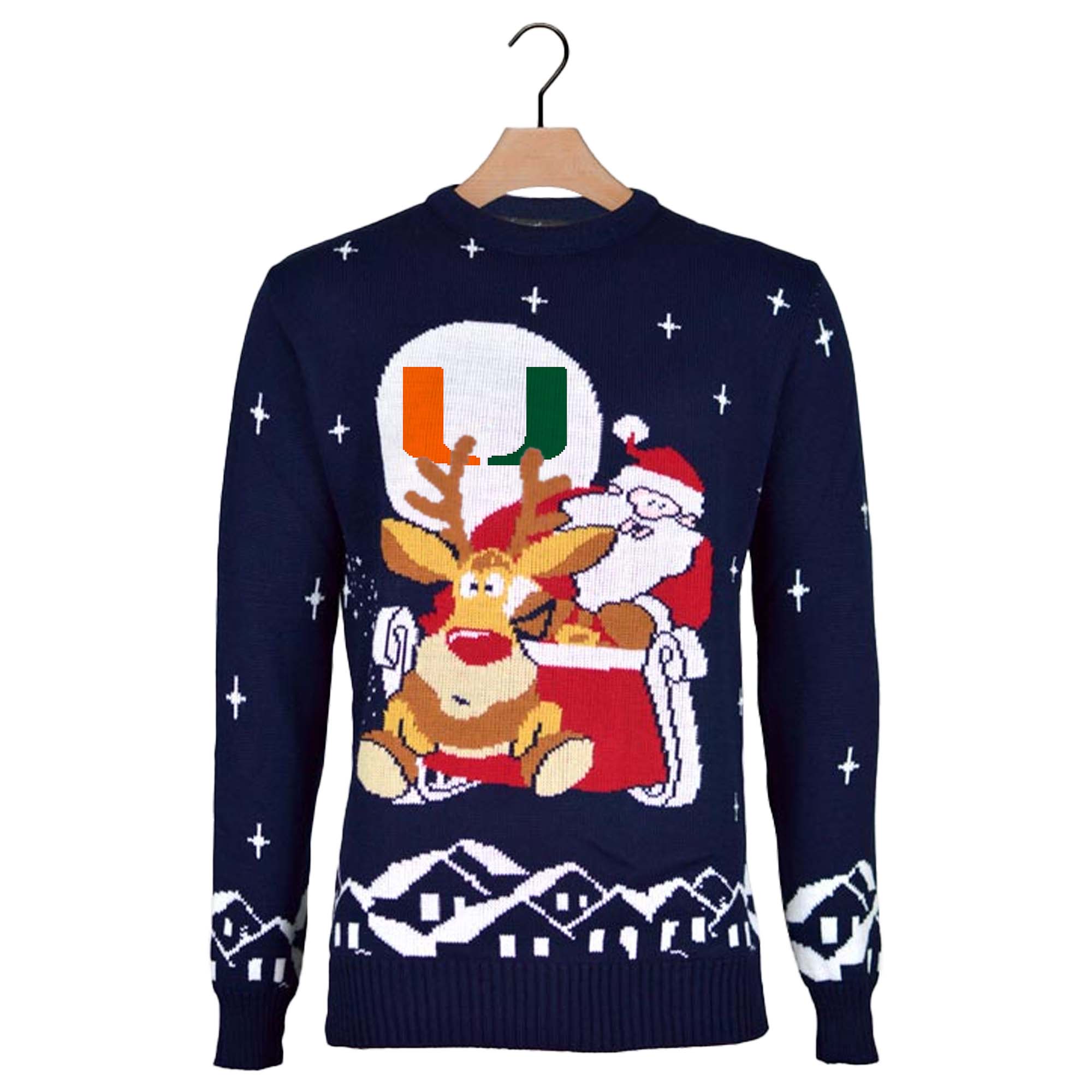 Miami Hurricanes Ugly Christmas Sweater with Santa and Rudolph on Sleigh PT59787