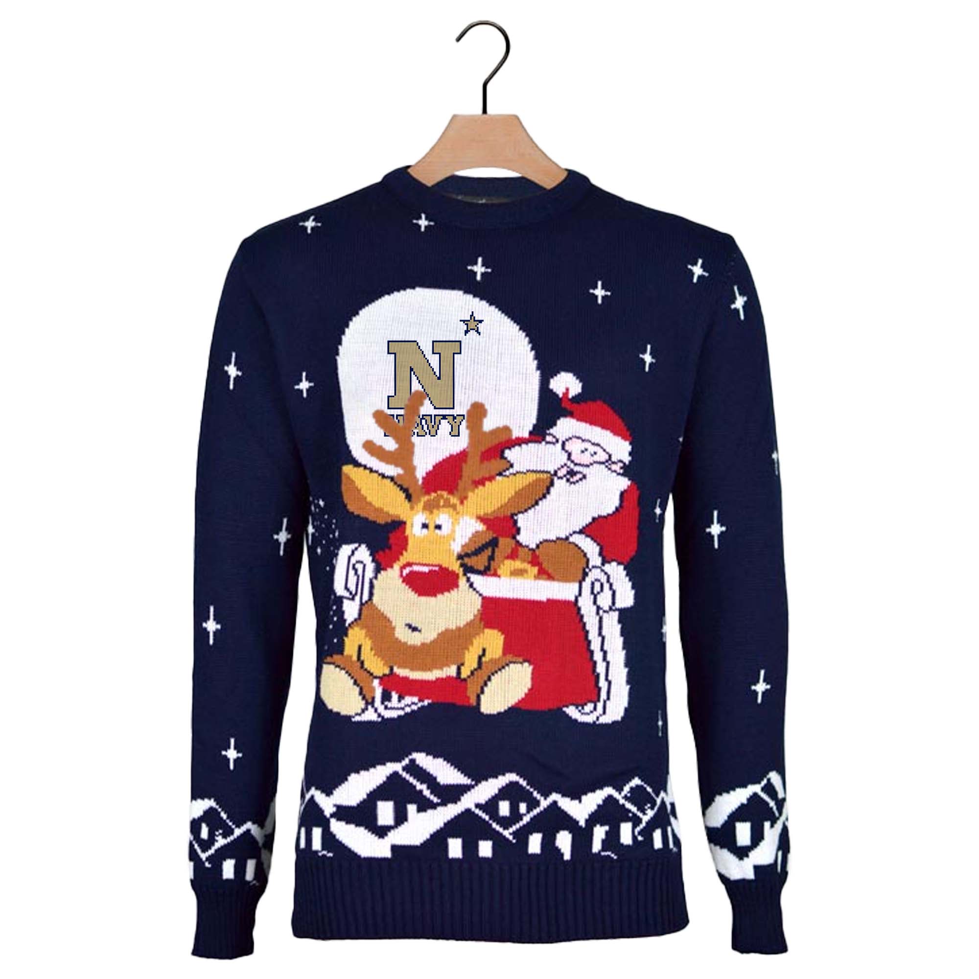 Navy Midshipmen Ugly Christmas Sweater with Santa and Rudolph on Sleigh PT59789