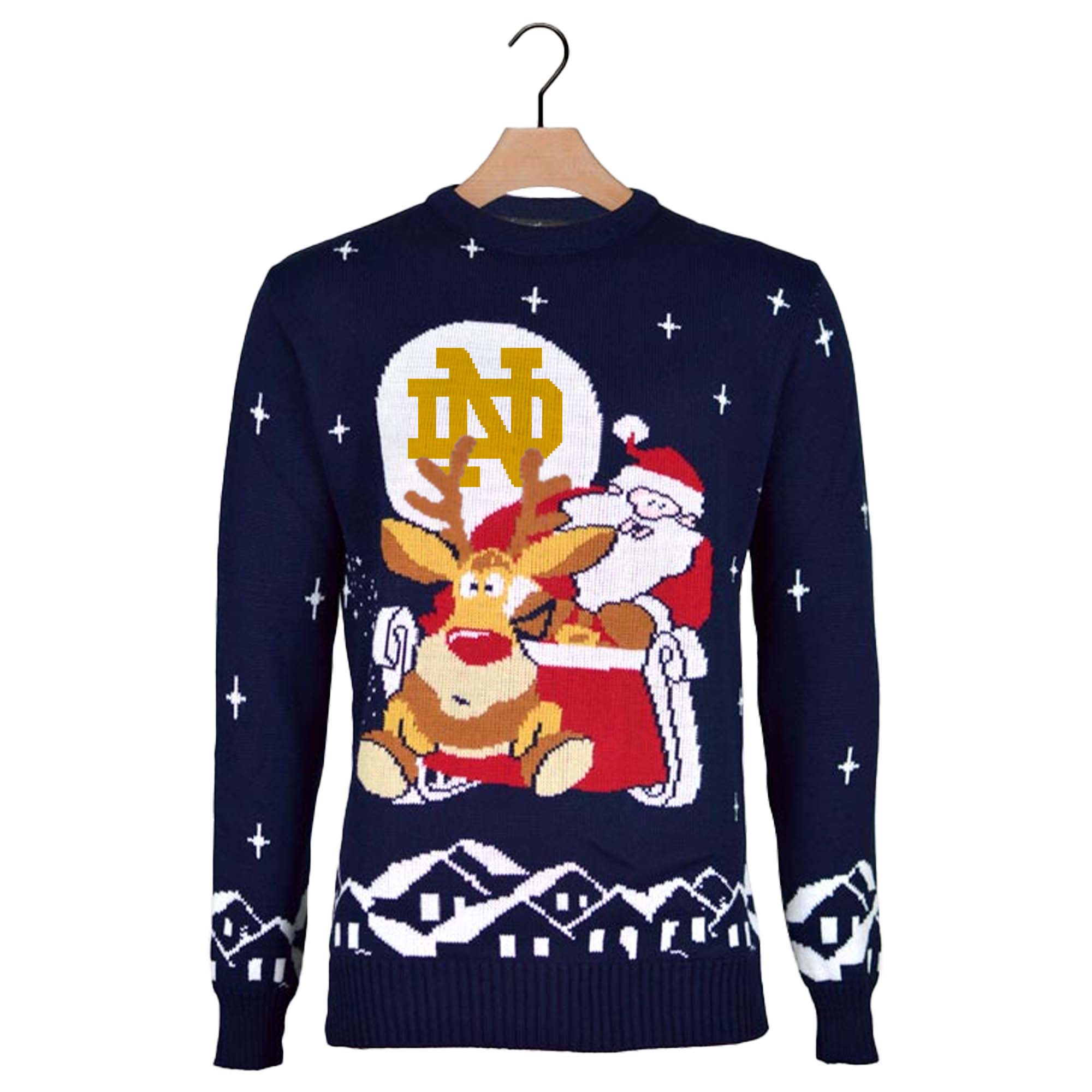 Notre Dame Fighting Irish Ugly Christmas Sweater with Santa and Rudolph on Sleigh PT59790