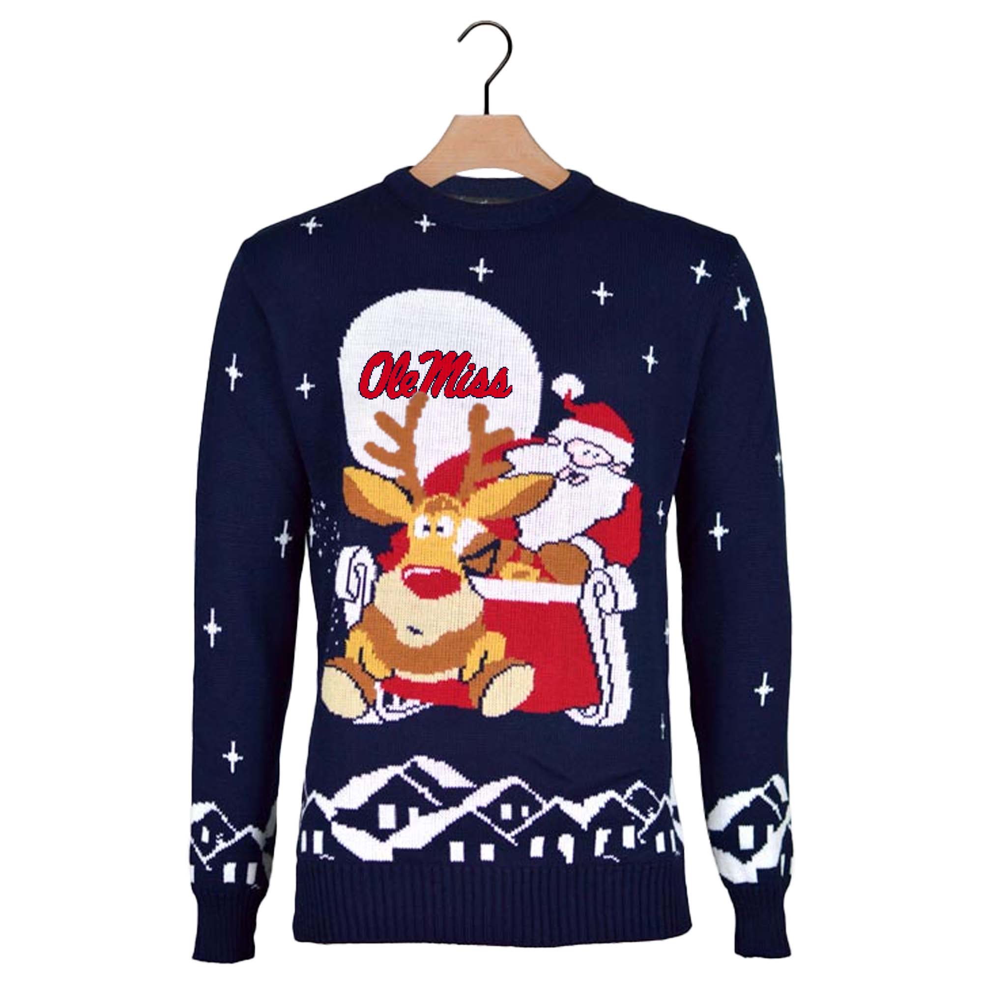 Ole Miss Rebels Ugly Christmas Sweater with Santa and Rudolph on Sleigh PT59792