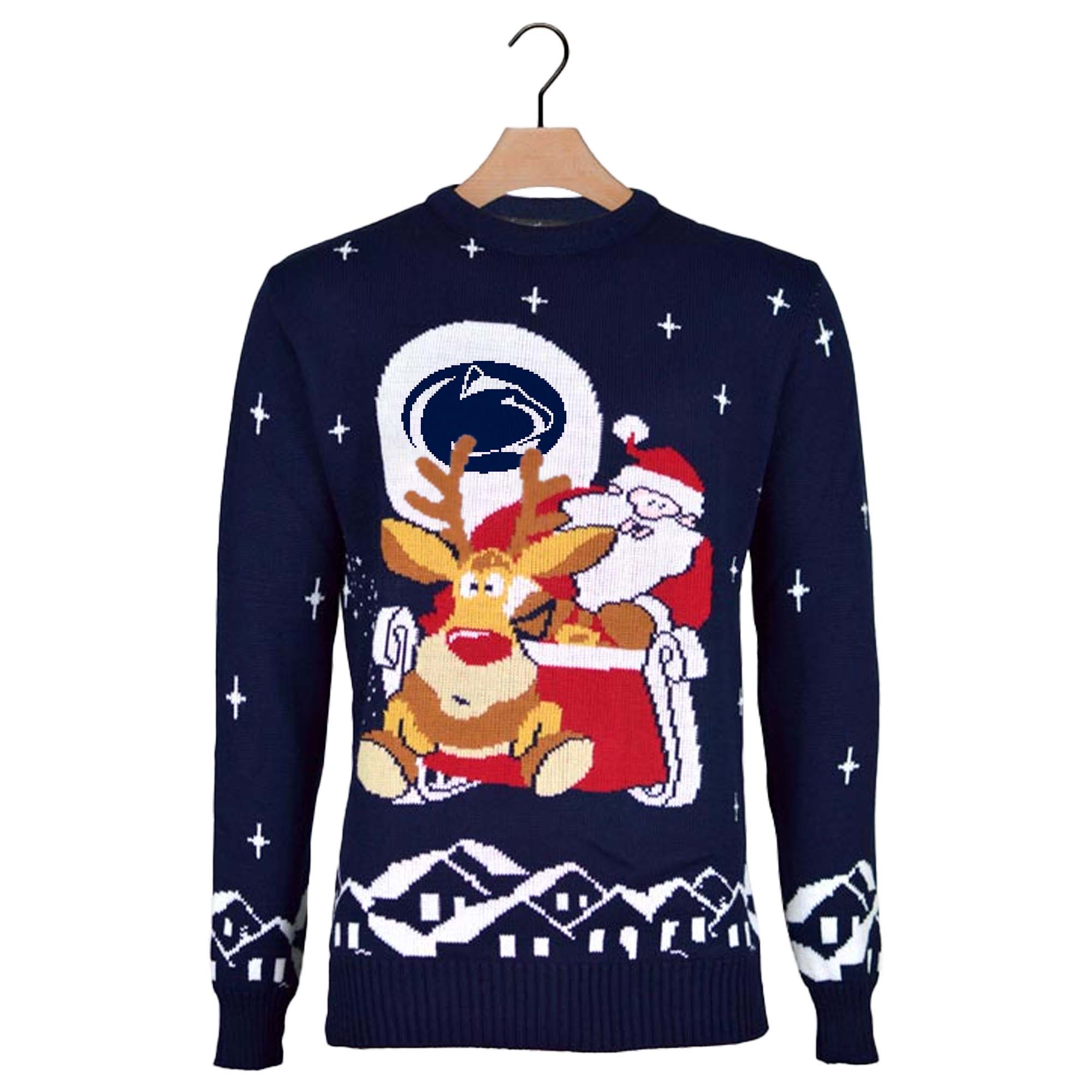 Penn State Nittany Lions Ugly Christmas Sweater with Santa and Rudolph on Sleigh PT59794