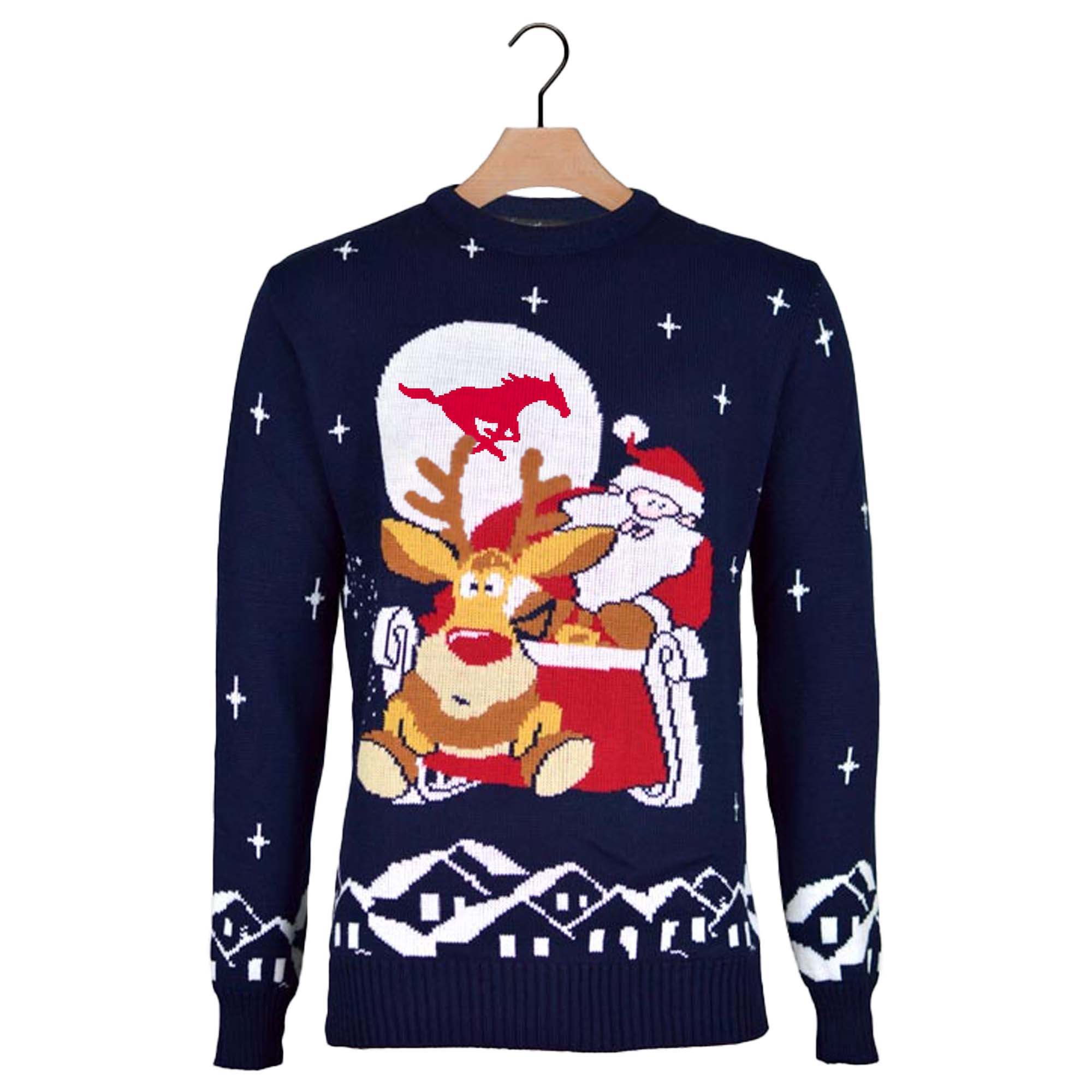 SMU Mustangs Ugly Christmas Sweater with Santa and Rudolph on Sleigh PT59796