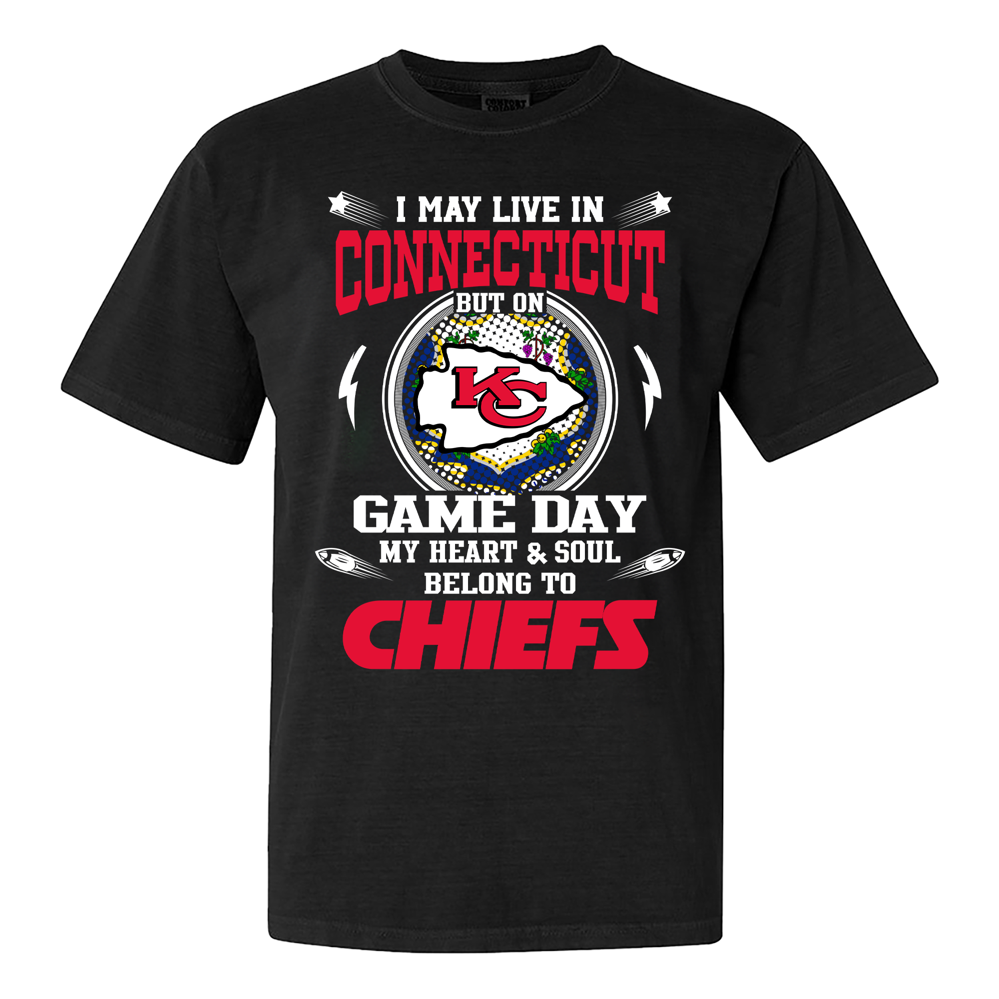 I May Live In Connecticut But On Game Day My Heart And Soul Belongs To Kansas City Chiefs Shirt PT59960