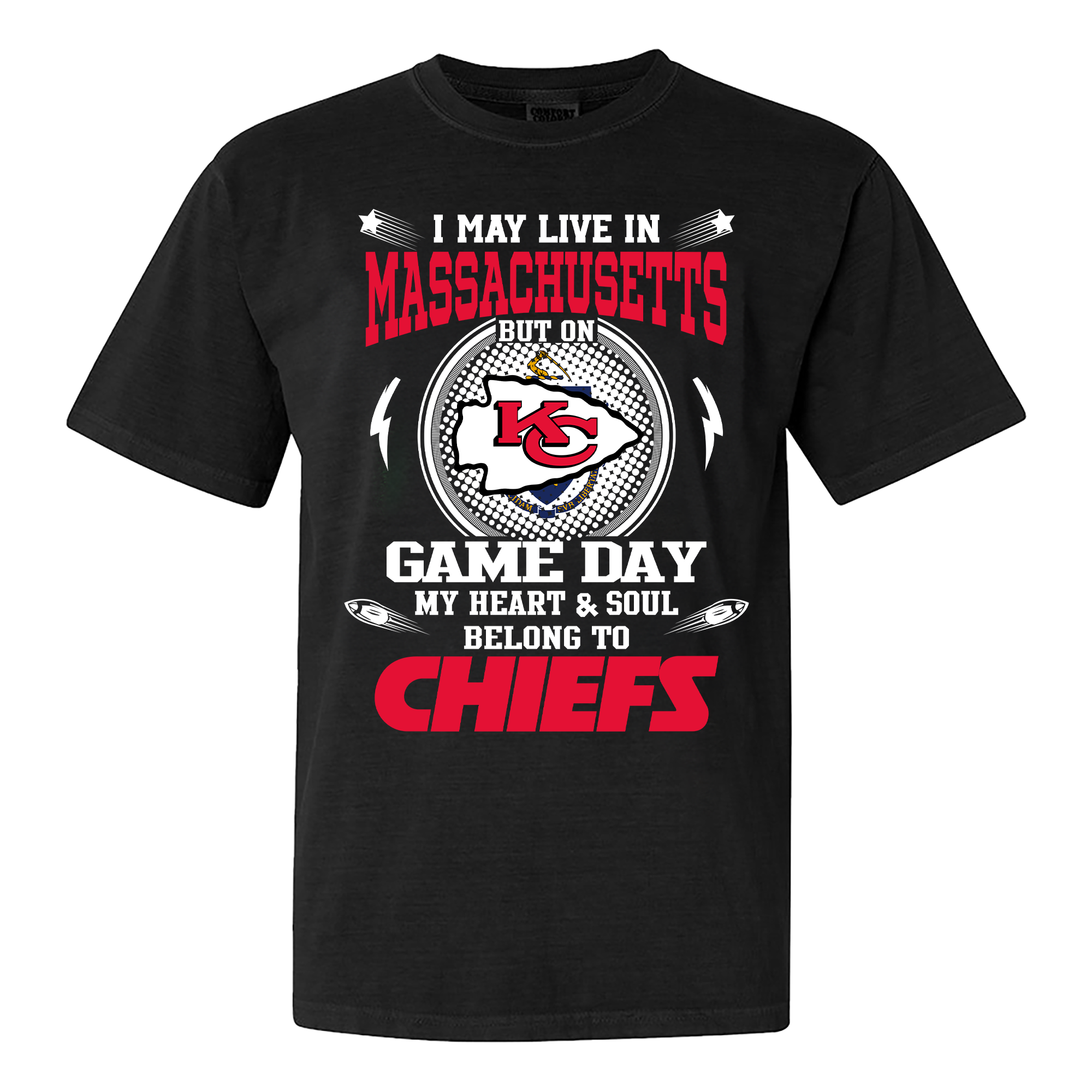 I May Live In Massachusetts But On Game Day My Heart And Soul Belongs To Kansas City Chiefs Shirt PT59974