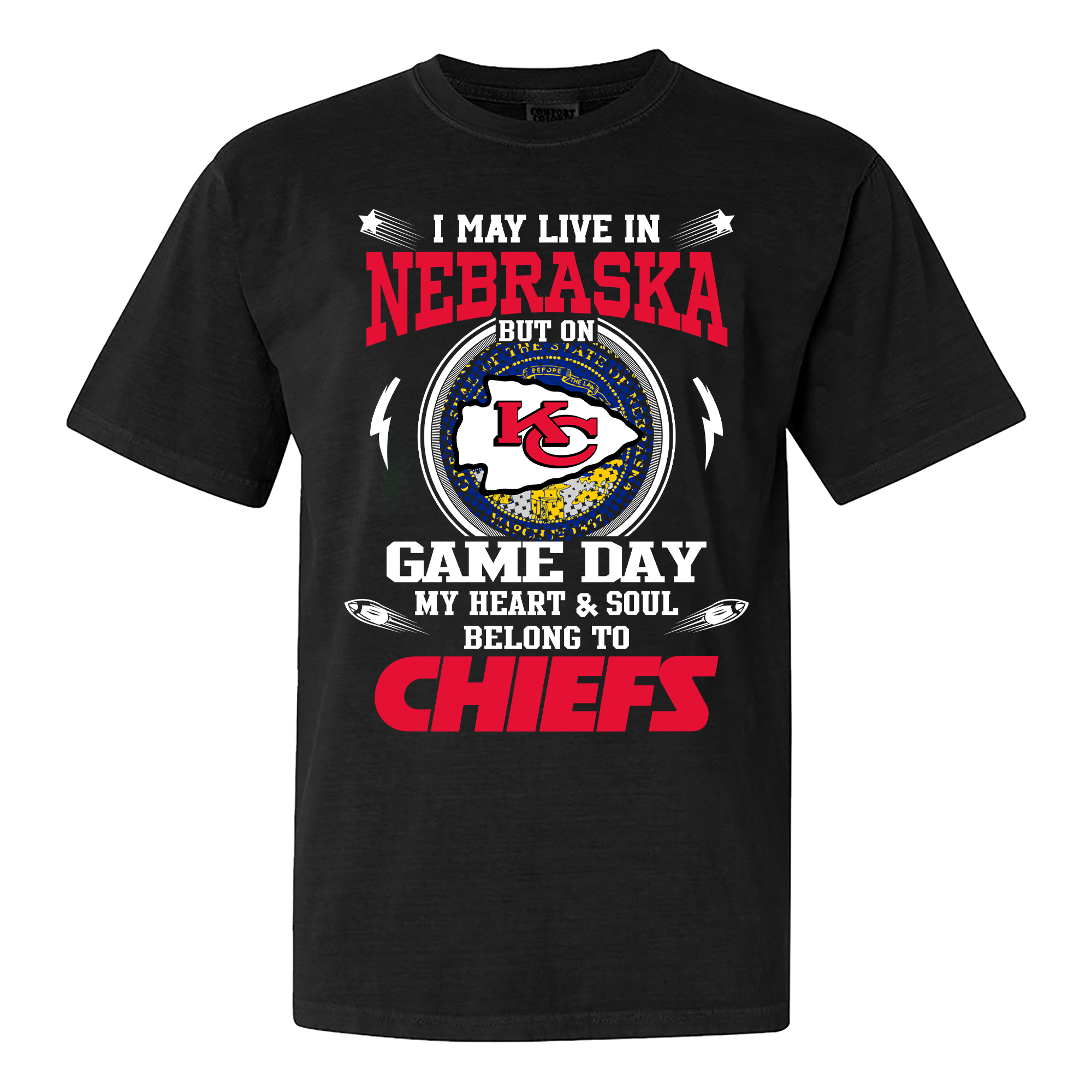 I May Live In Nebraska But On Game Day My Heart And Soul Belongs To Kansas City Chiefs Shirt PT59980