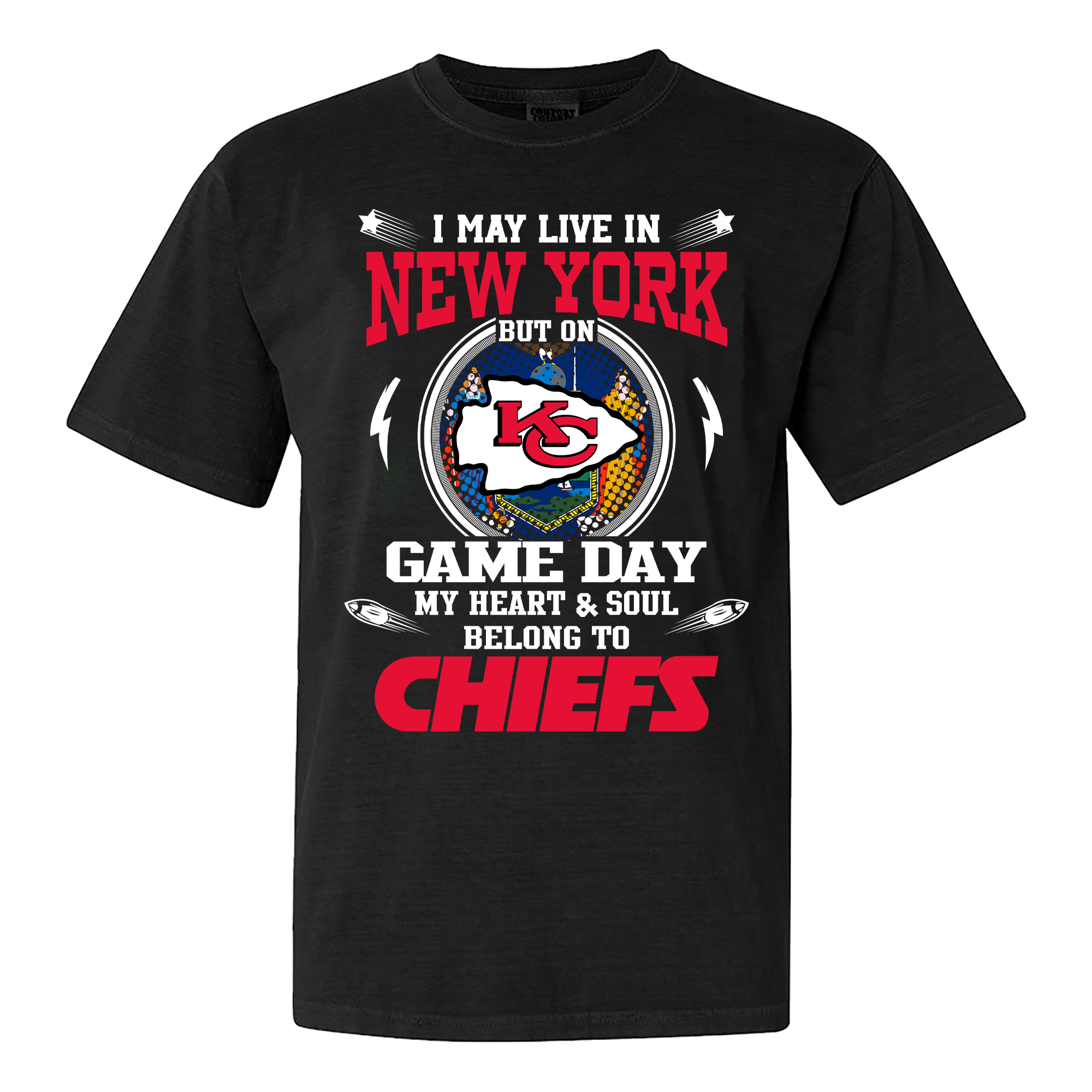 I May Live In New York But On Game Day My Heart And Soul Belongs To Kansas City Chiefs Shirt PT59985