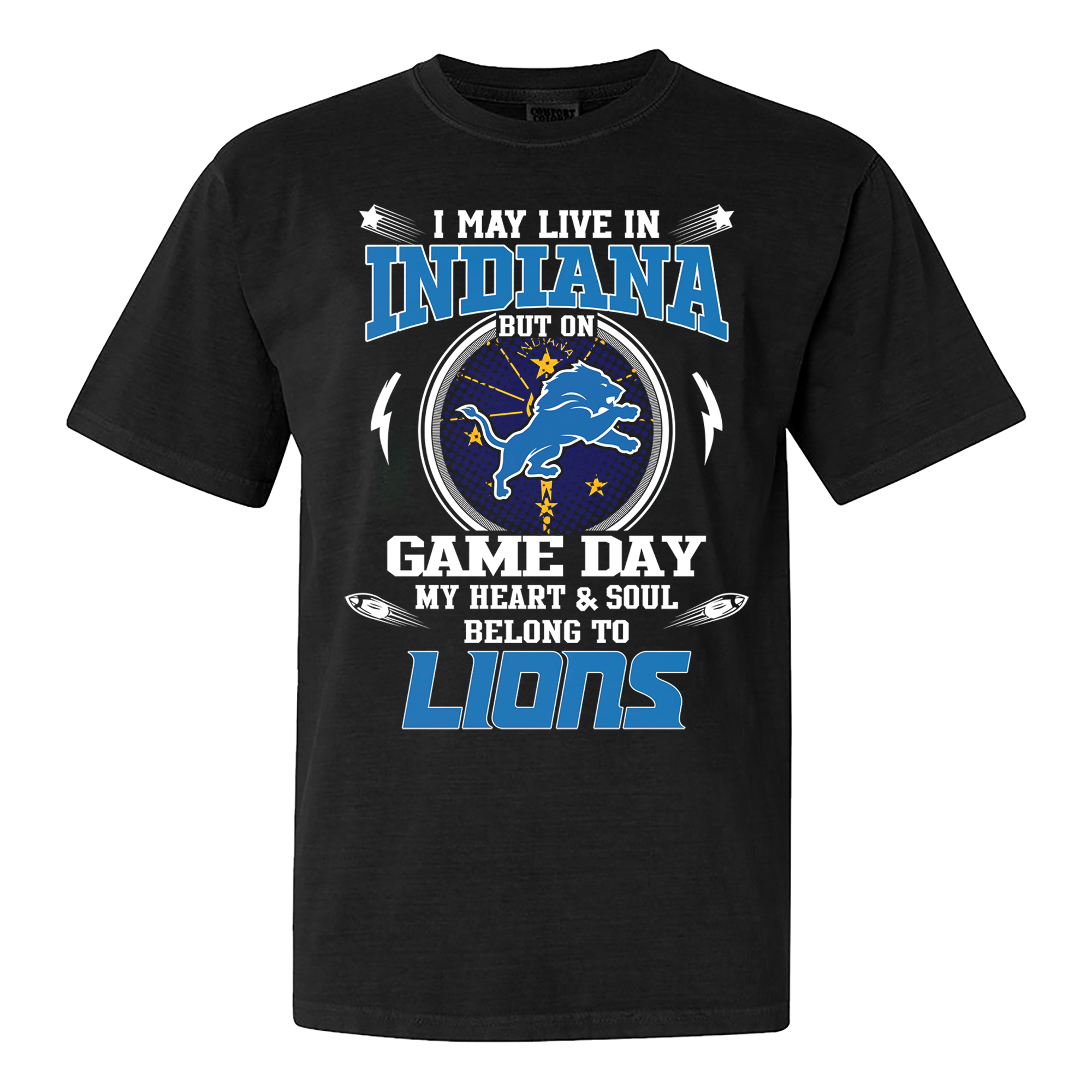 I May Live In Indiana But On Game Day My Heart And Soul Belongs To Detroit Lions Shirt PT60102