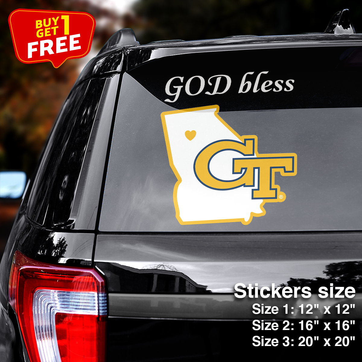 Georgia Tech State Sticker Car GOD Bless PT66405