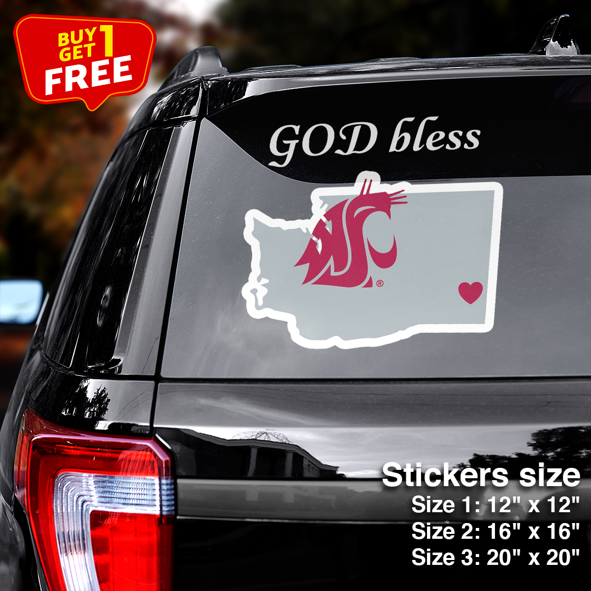 Washington State Cougars State Sticker Car GOD Bless PT66436