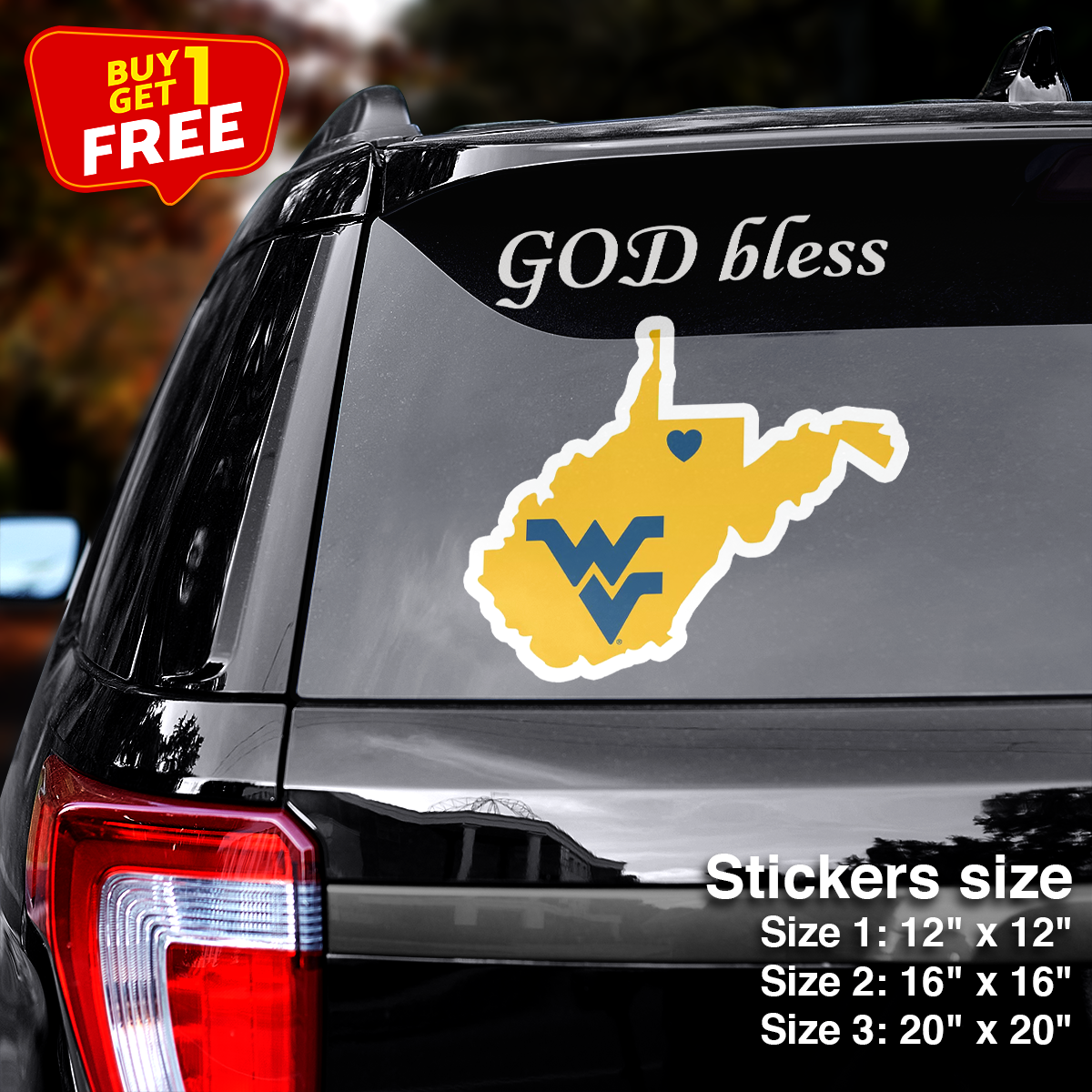 West Virginia Mountaineers State Sticker Car GOD Bless PT66437