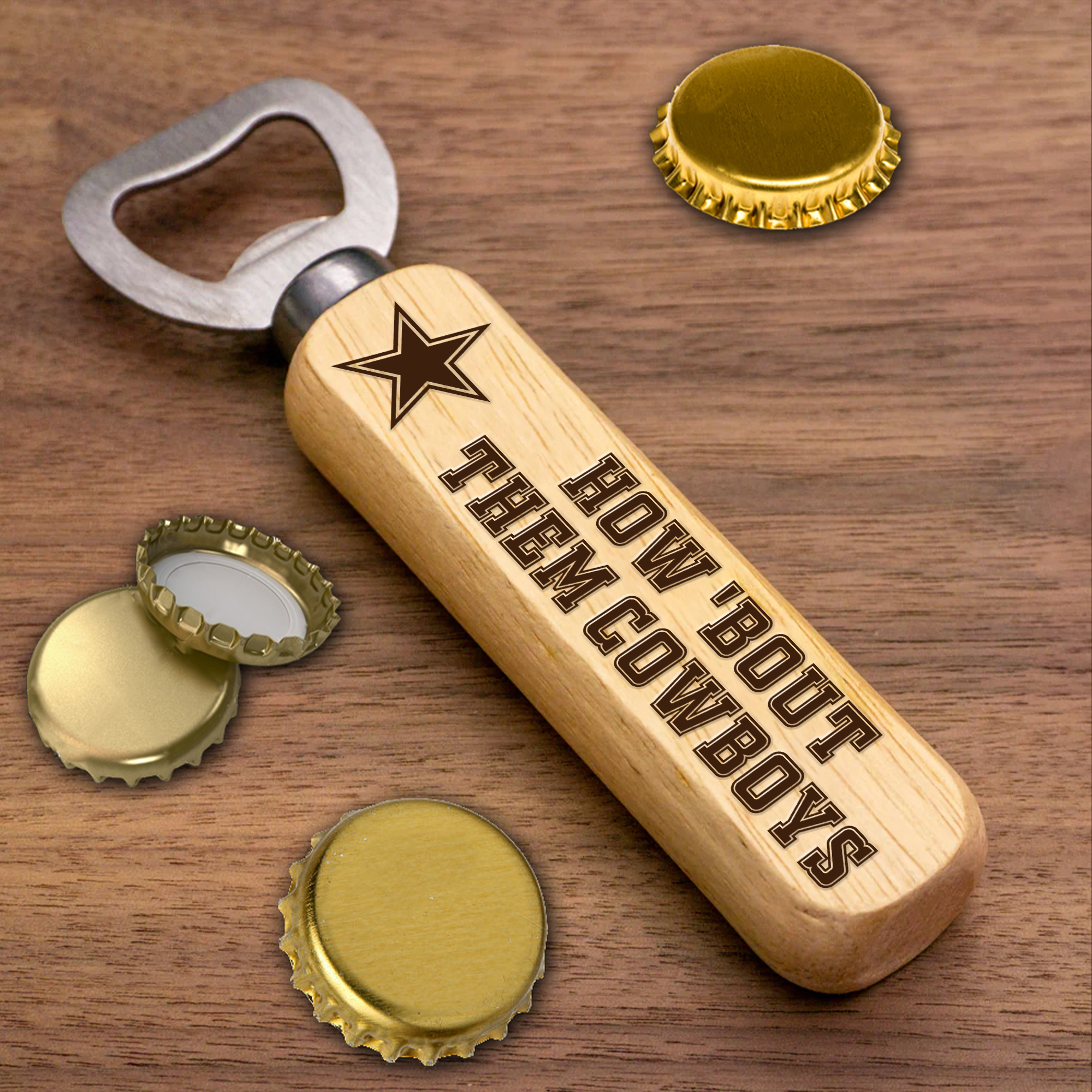 Dallass Cowboys Wooden Handle Bottle Opener-1 Side Engraved PT66479