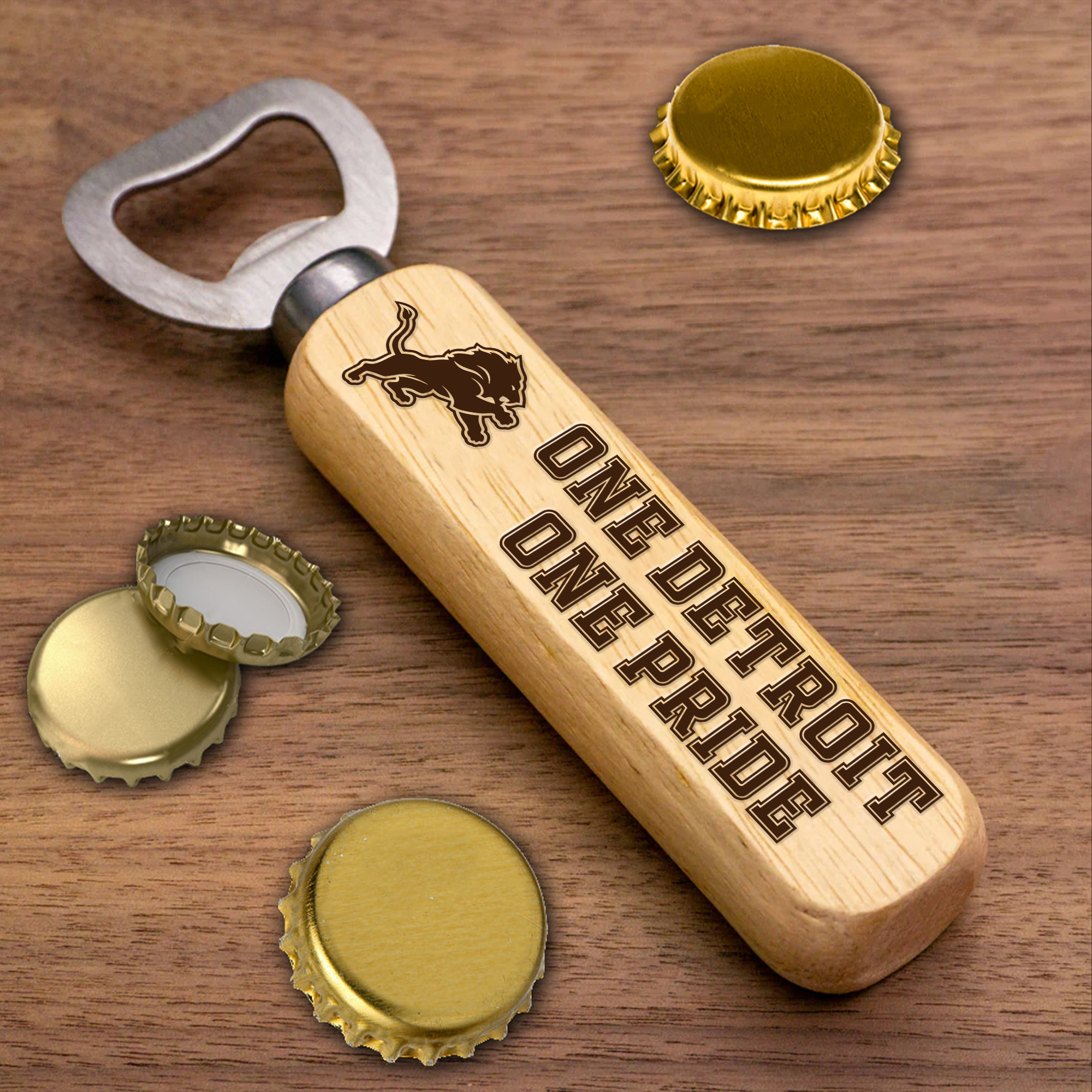 Detroit Lions Wooden Handle Bottle Opener-1 Side Engraved PT66481