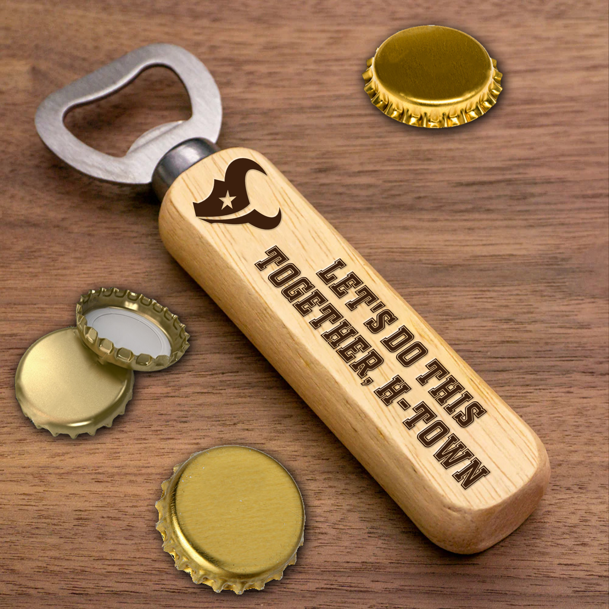 Houston Texans Wooden Handle Bottle Opener-1 Side Engraved PT66483