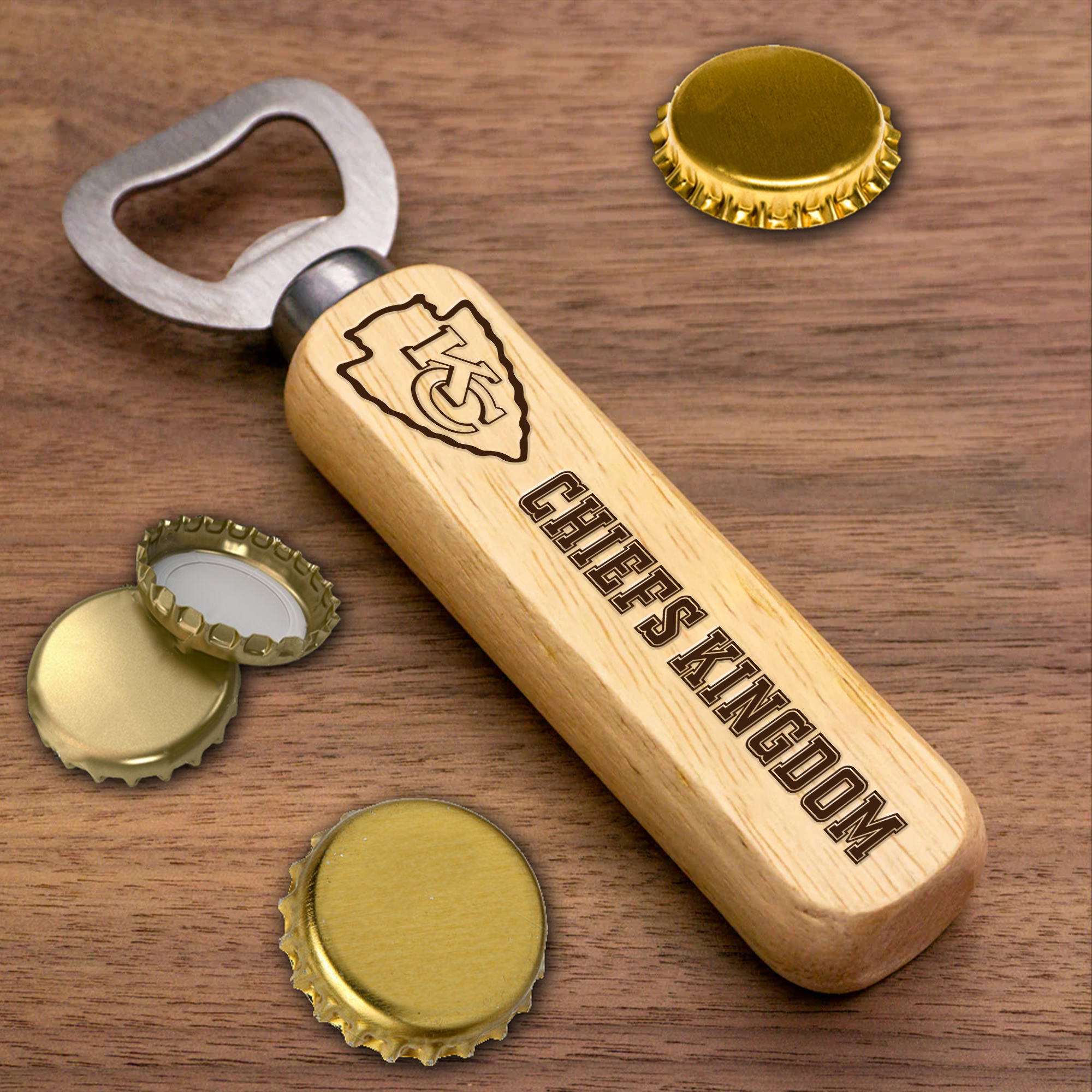 Kansas City Chiefs Wooden Handle Bottle Opener-1 Side Engraved PT66486