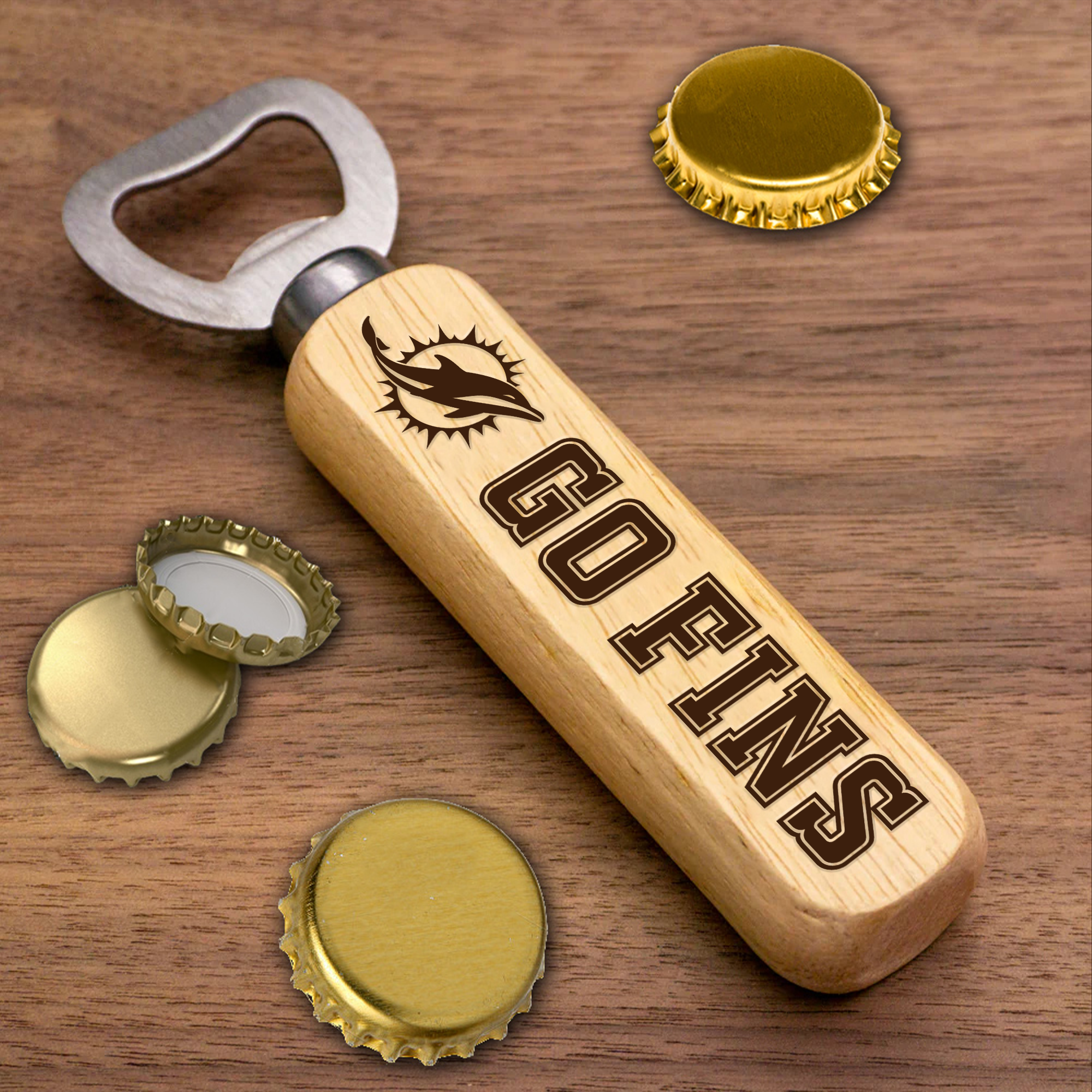Miami Dolphins Wooden Handle Bottle Opener-1 Side Engraved PT66490