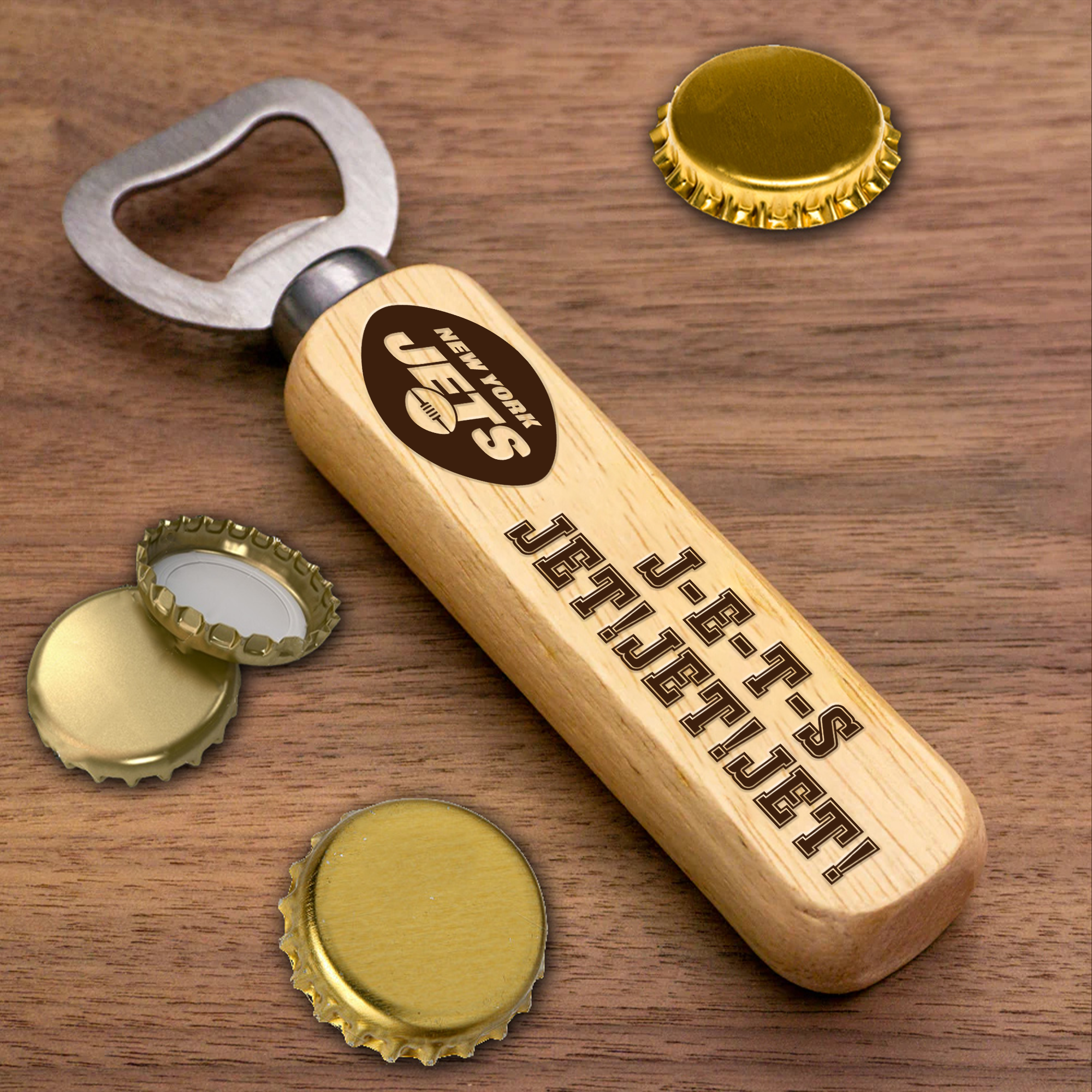 New York Jets Wooden Handle Bottle Opener-1 Side Engraved PT66495