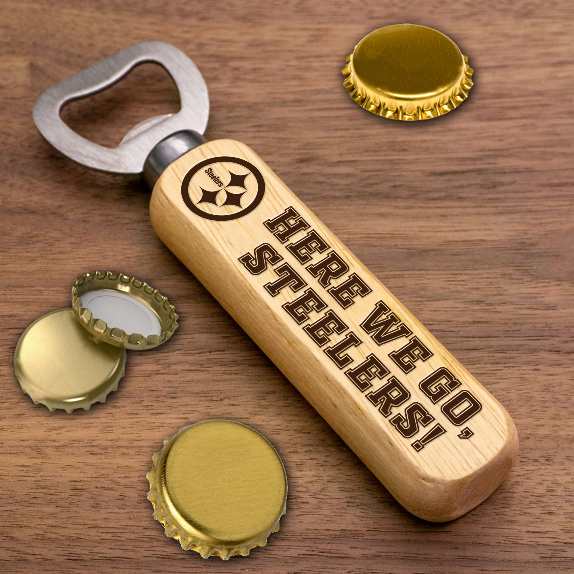 Pittsburgh Steelers Wooden Handle Bottle Opener-1 Side Engraved PT66497