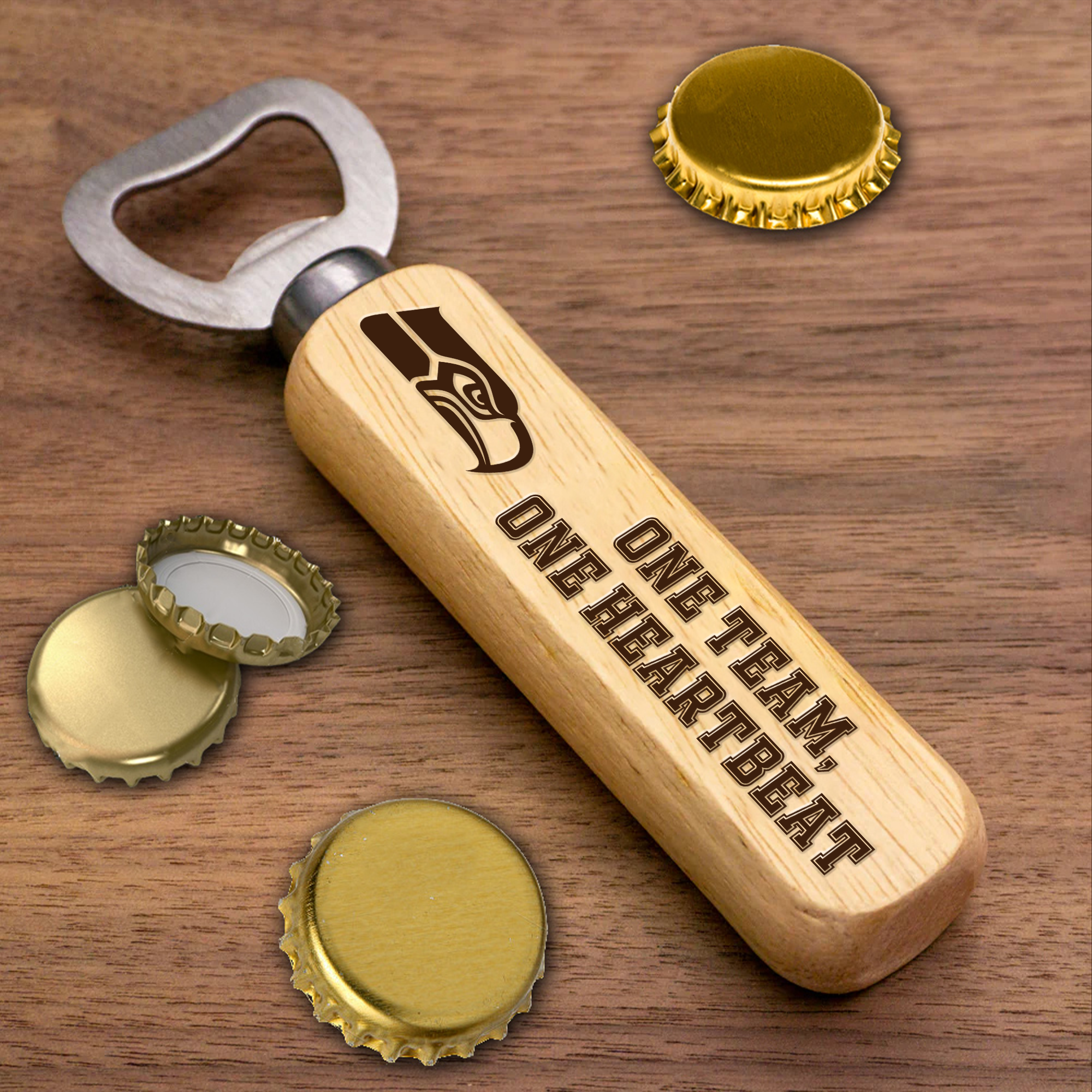 Seattle Seahawks Wooden Handle Bottle Opener-1 Side Engraved PT66499