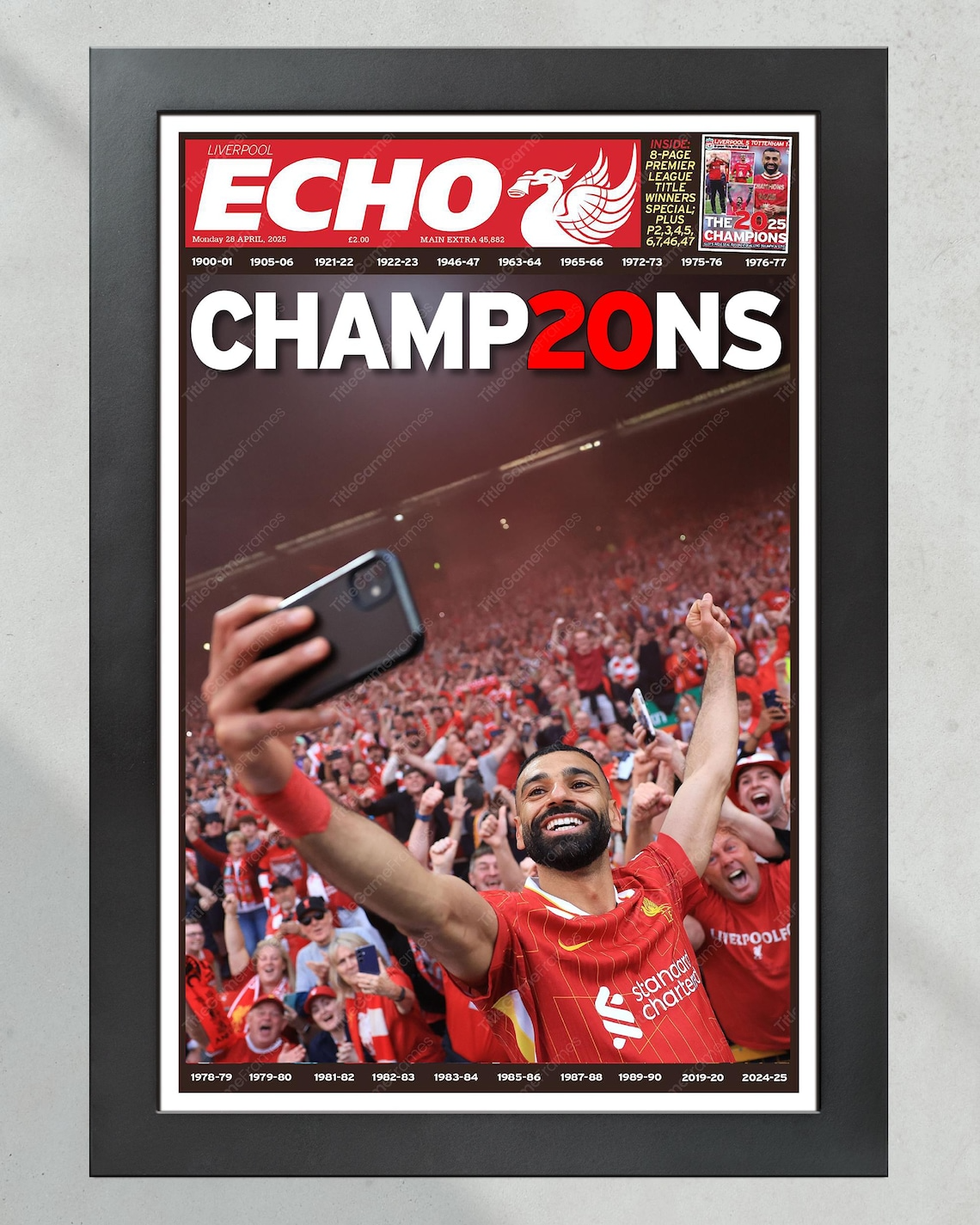 2025 Liverpool Football 20th League Title “CHAMP20NS” Mo Salah Framed Newspaper PT68308