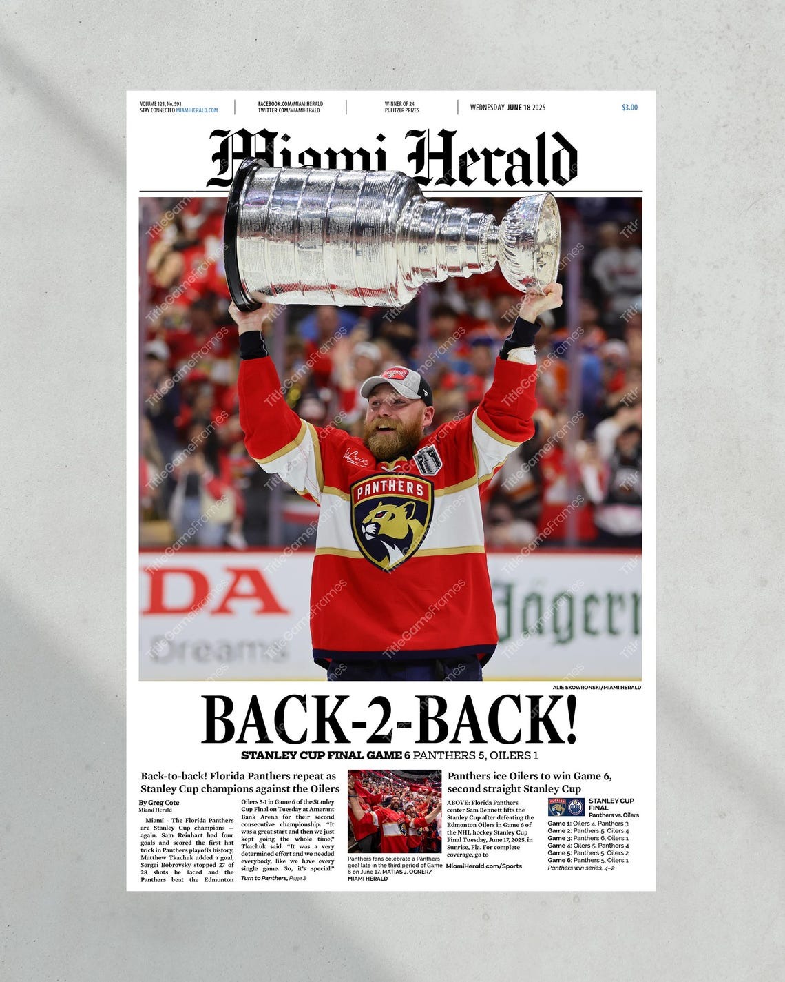 2025 Florida Panthers Back-2-Back Stanley Cup Champions Framed Newspaper PT71760