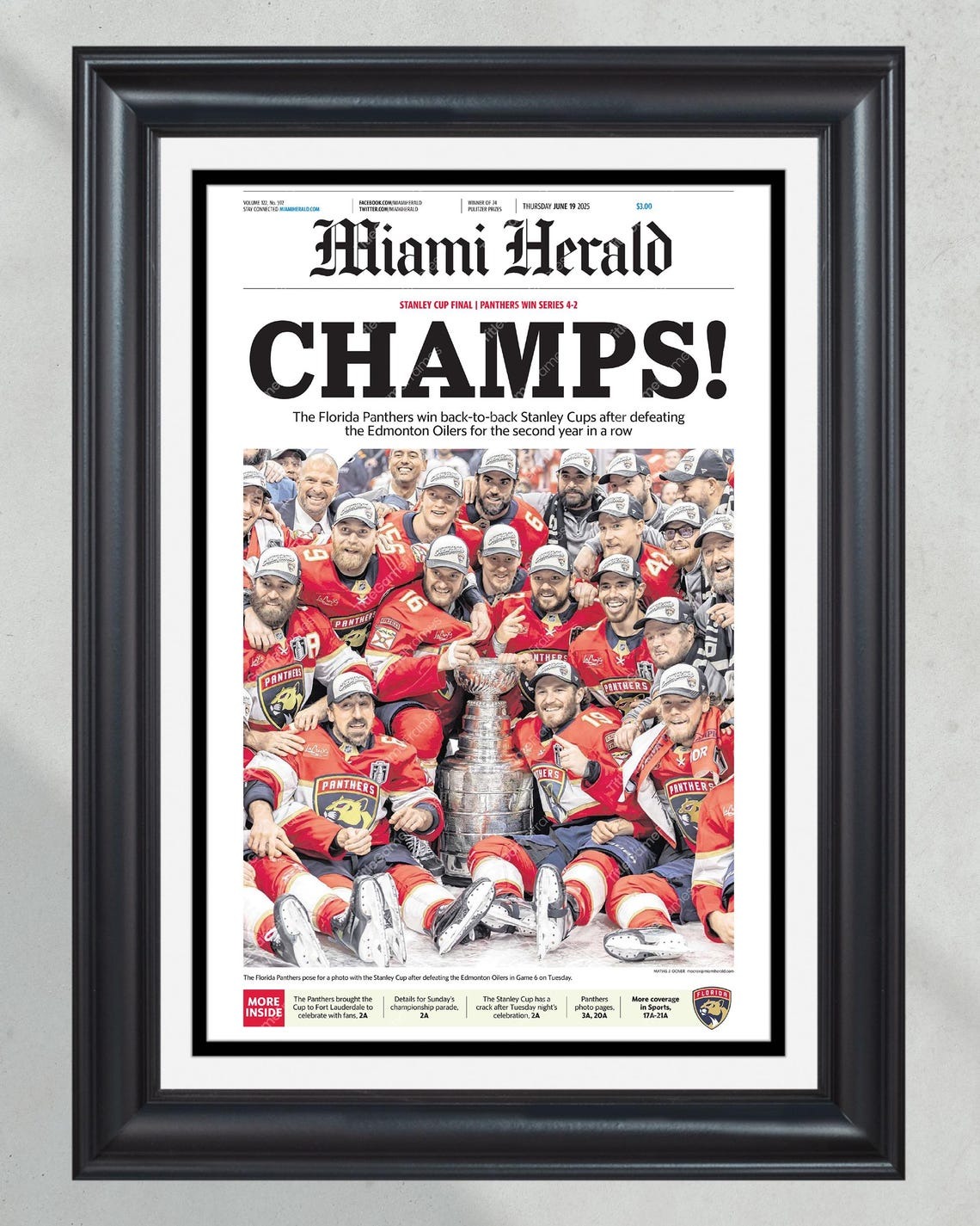 2025 Florida Panthers Back-2-Back Stanley Cup Champions Framed Newspaper PT71760 (Copy)