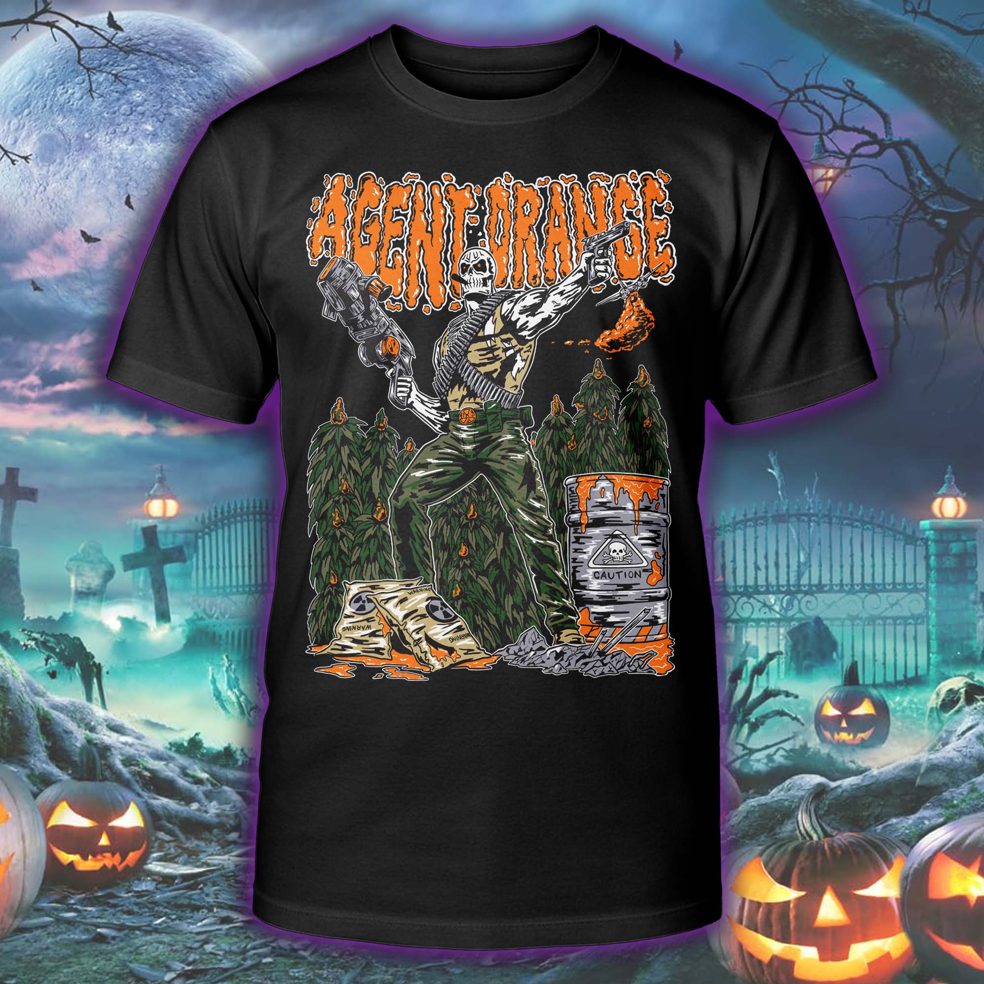 Agent Orange Kush- Marijuana Strain Halloween Skeleton T-shirt PT75496