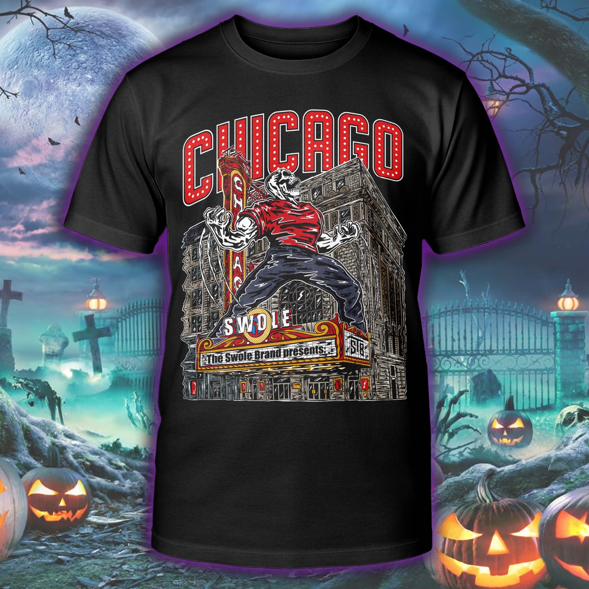 Chicago Theatre Monster for Swolenation Halloween Skeleton T-shirt PT75508