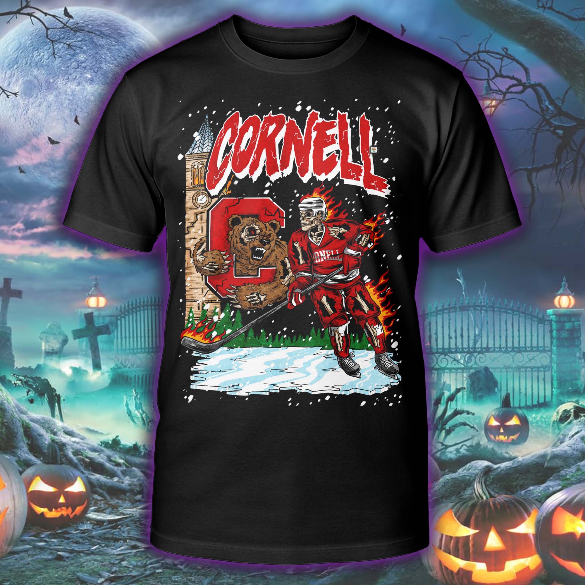 Cornell Hockey Skelly Halloween Skeleton T-shirt PT75511