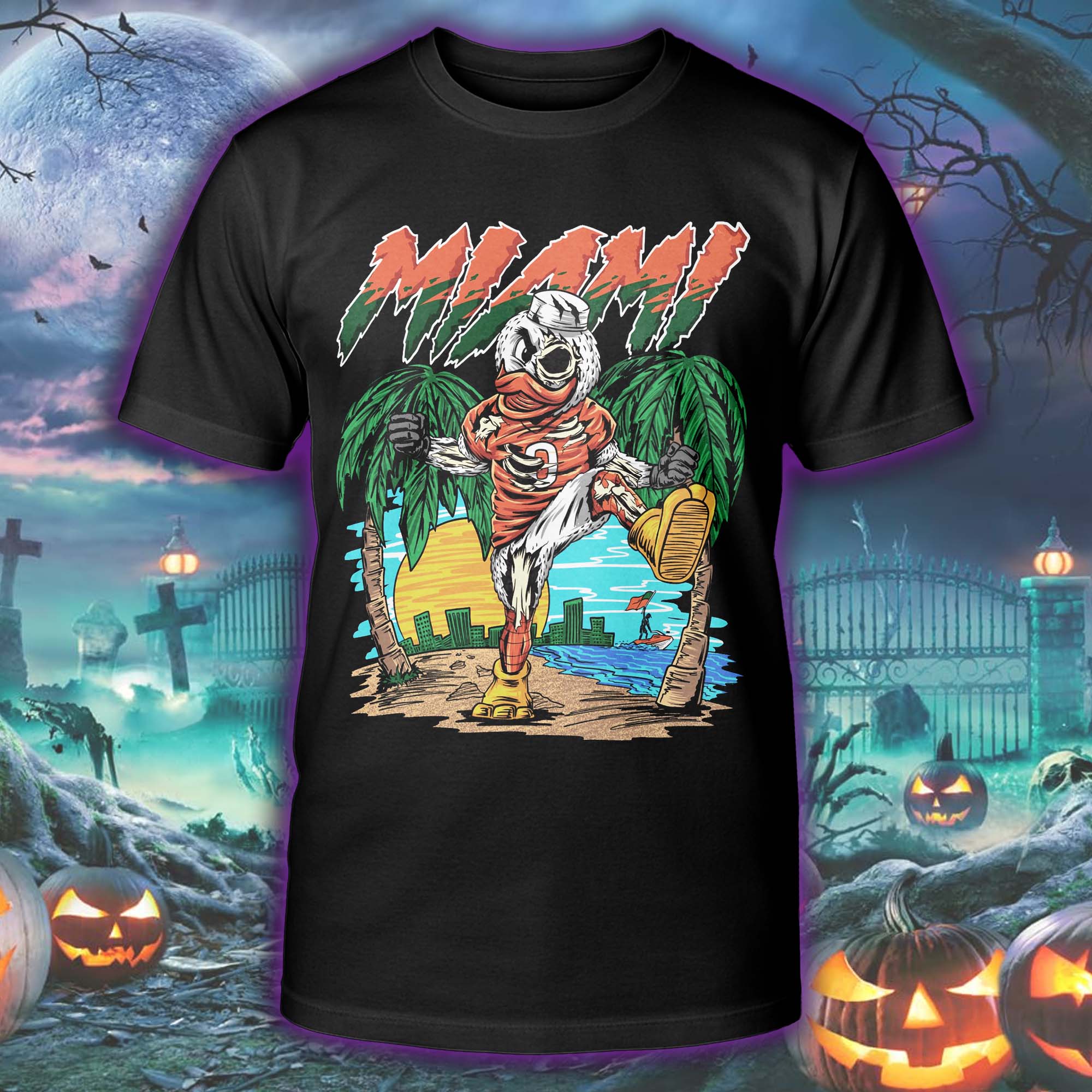 Miami Hurricanes Mascot Mayhem Halloween Skeleton T-shirt PT75542