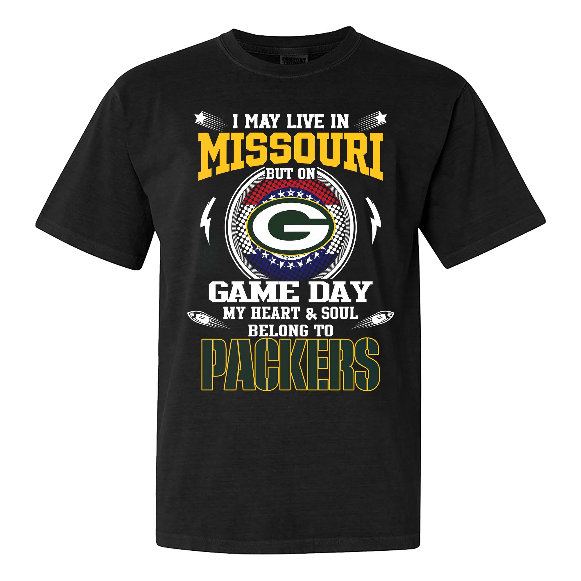 I May Live In Missouri But On Game Day My Heart And Soul Belongs To Green Bay Packers Shirt PT75468