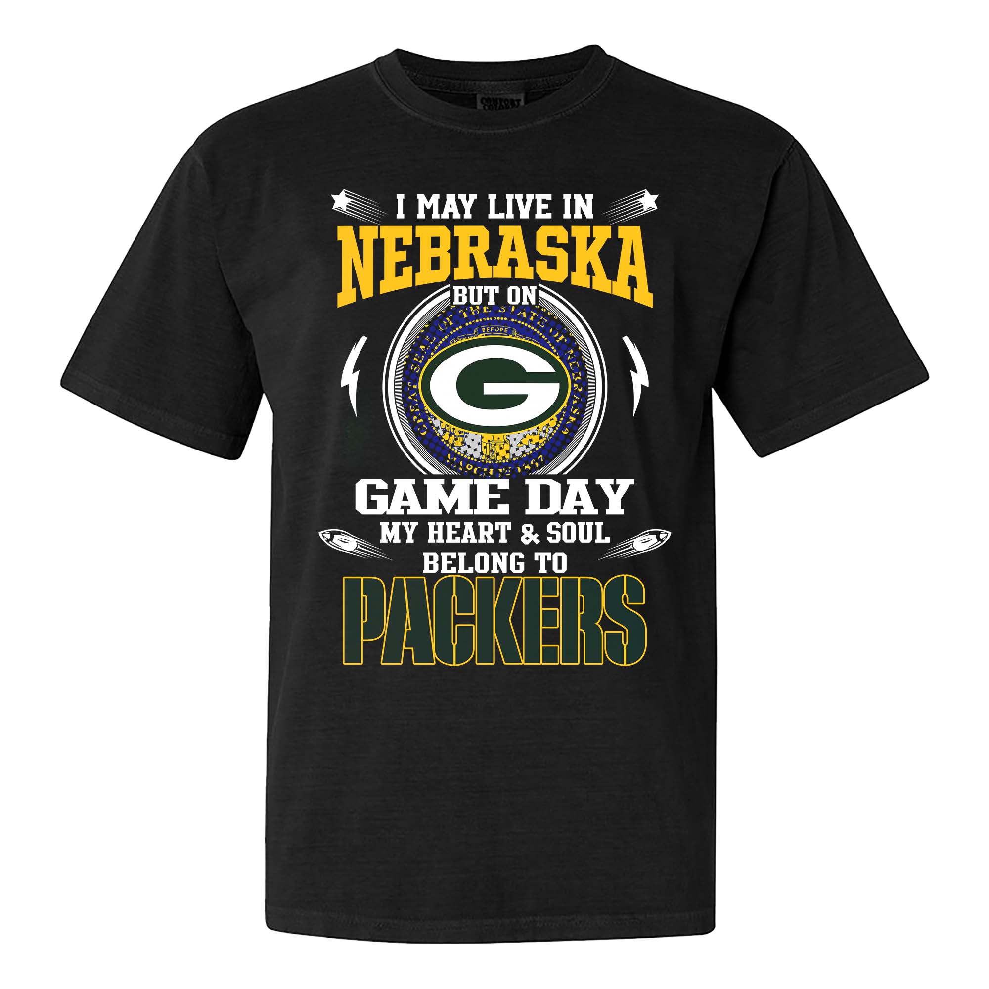 I May Live In Nebraska But On Game Day My Heart And Soul Belongs To Green Bay Packers Shirt PT75470