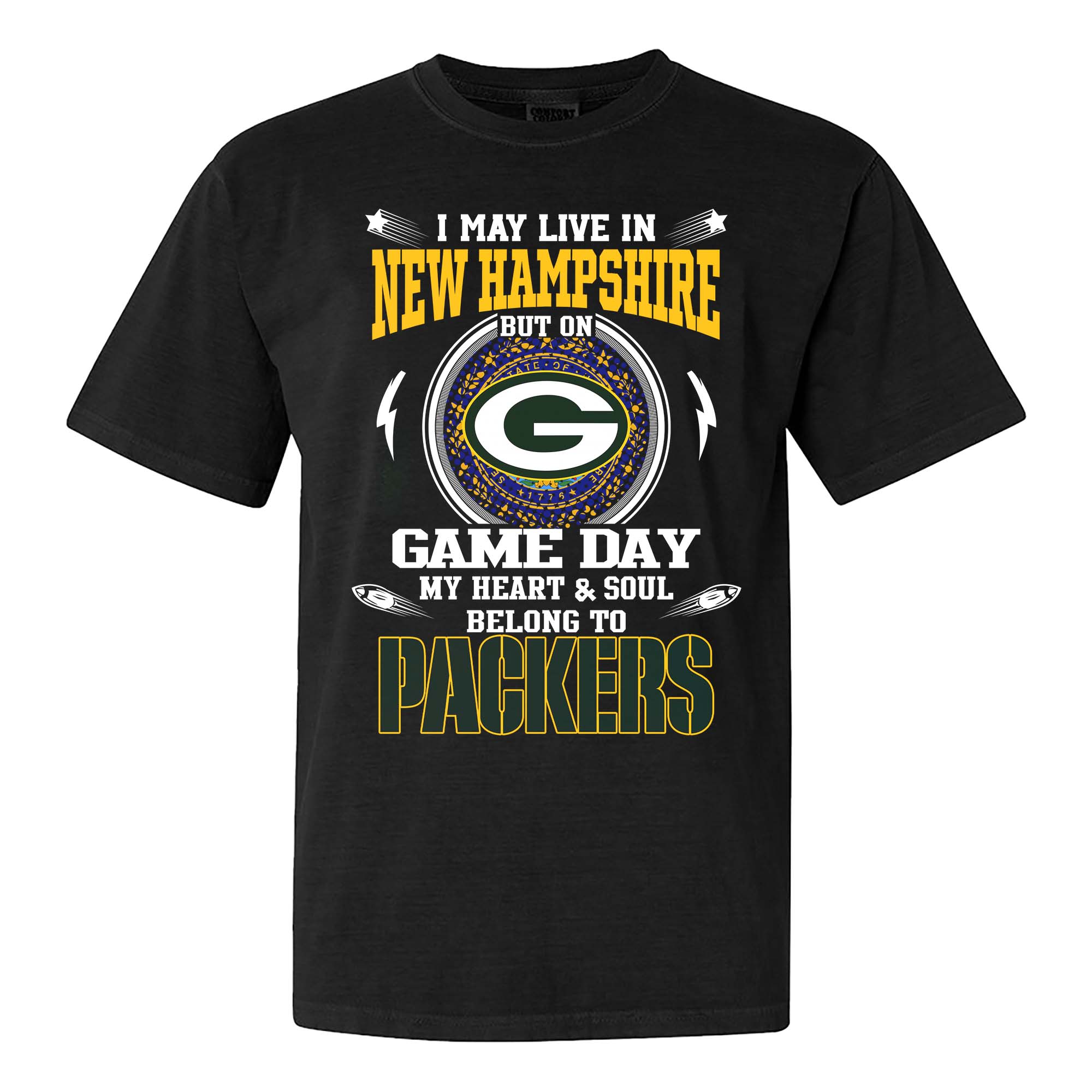 I May Live In New Hampshire But On Game Day My Heart And Soul Belongs To Green Bay Packers Shirt PT75472