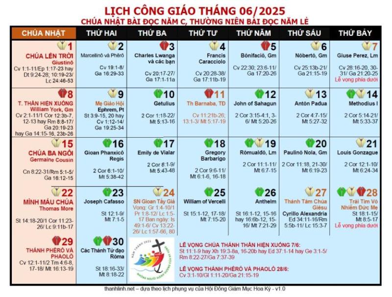 Lịch phụng vụ Giáo Phận Mỹ Tho tháng 06.2025